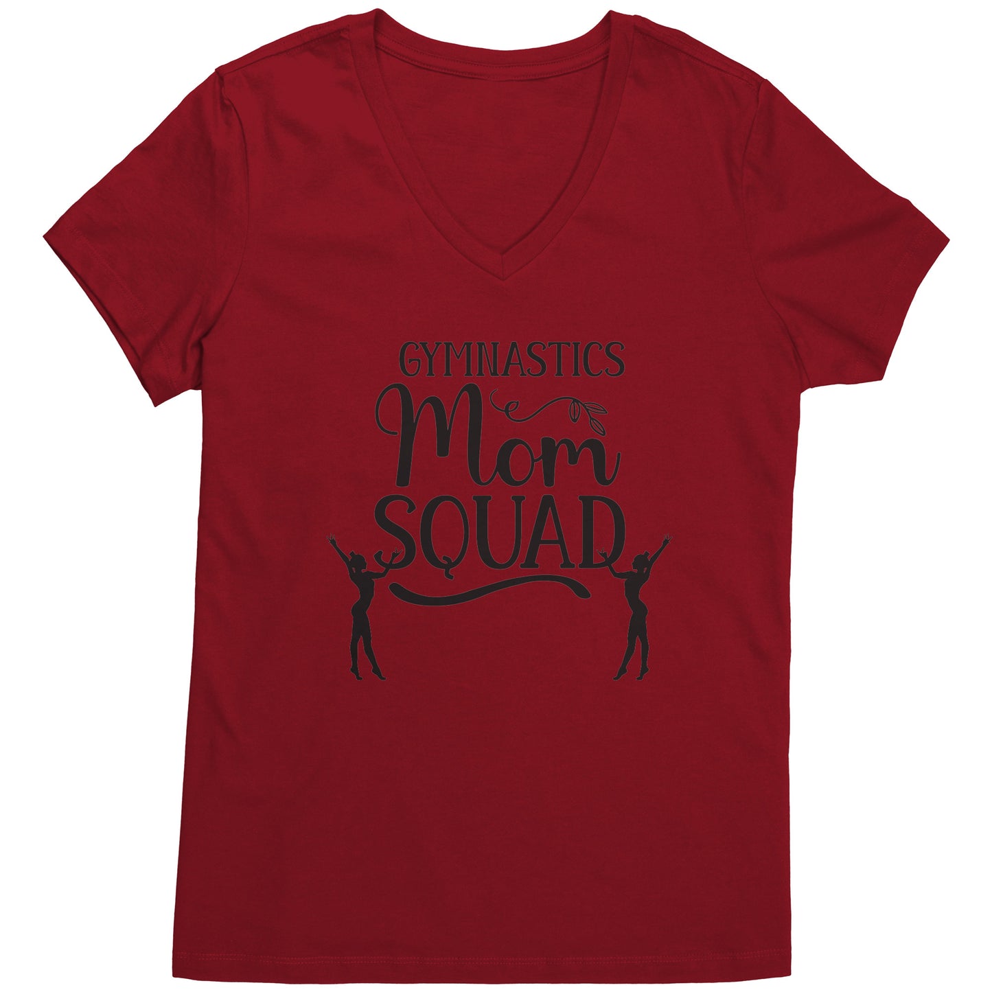 Cardinal Red colored Gymnastics Mom Squad Female Gymnast T-Shirt. This hoodie says Gymnastics mom Squad and features the silhouettes of two female gymnasts in black on the front.