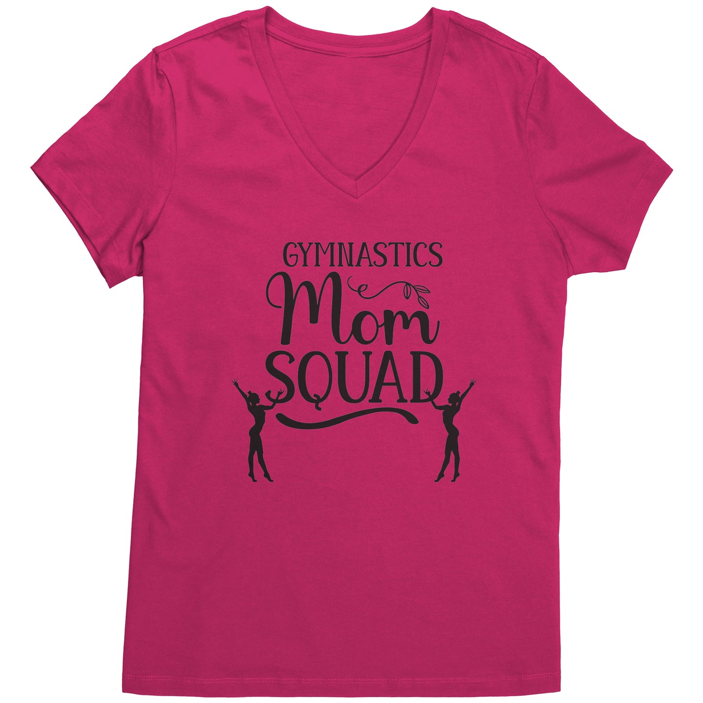 Fuchsia colored Gymnastics Mom Squad Female Gymnast T-Shirt. This hoodie says Gymnastics mom Squad and features the silhouettes of two female gymnasts in black on the front.