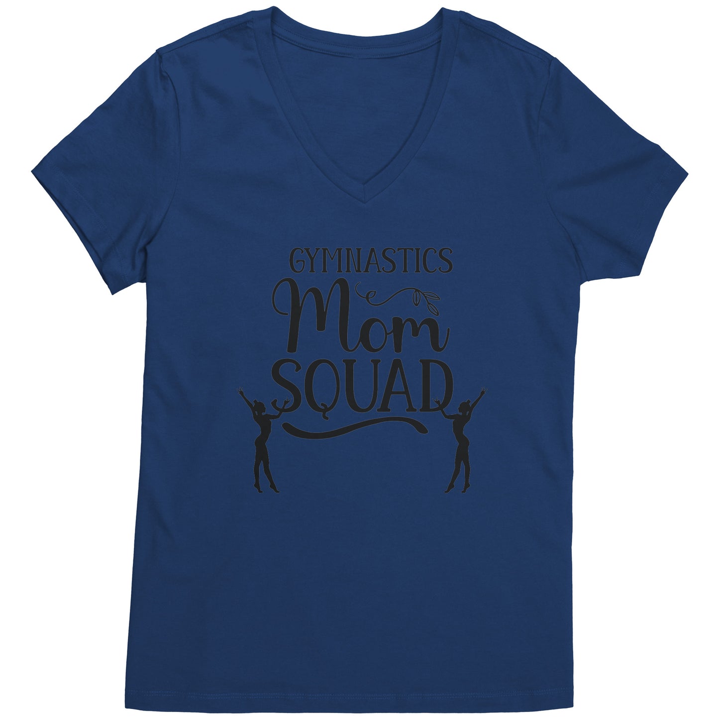 Royal Blue colored Gymnastics Mom Squad Female Gymnast T-Shirt. This hoodie says Gymnastics mom Squad and features the silhouettes of two female gymnasts in black on the front.