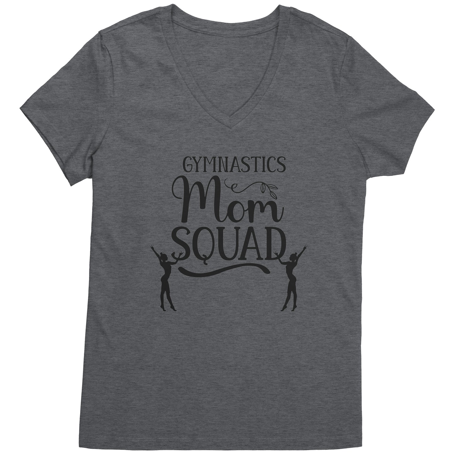 Charcoal colored Gymnastics Mom Squad Female Gymnast T-Shirt. This hoodie says Gymnastics mom Squad and features the silhouettes of two female gymnasts in black on the front.