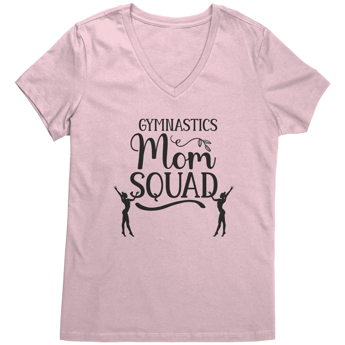 Light Pink colored Gymnastics Mom Squad Female Gymnast T-Shirt. This hoodie says Gymnastics mom Squad and features the silhouettes of two female gymnasts in black on the front.