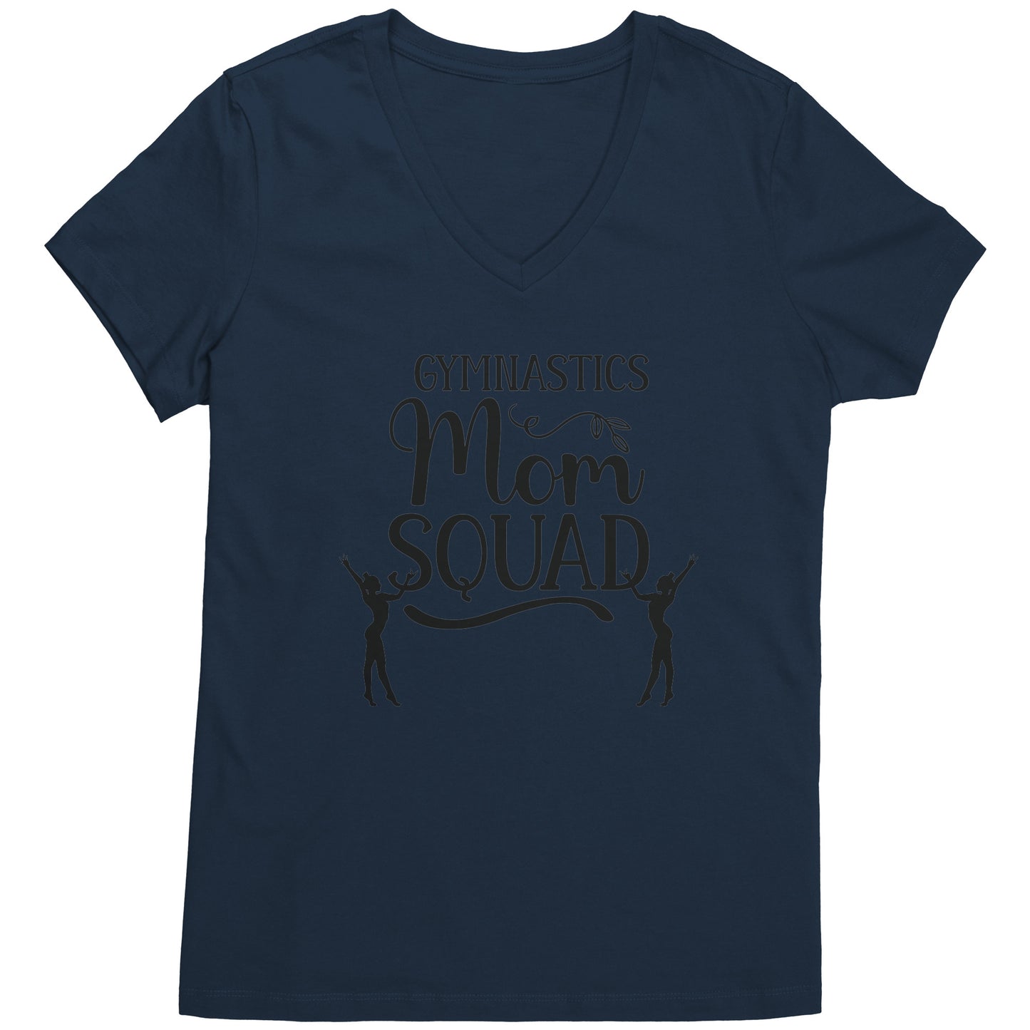 Navy colored Gymnastics Mom Squad Female Gymnast T-Shirt. This hoodie says Gymnastics mom Squad and features the silhouettes of two female gymnasts in black on the front.