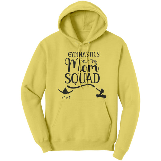 Gymnastics Mom Squad Male Gymnast Hoodie. This Yellow Hoodie features a male gymnast on the parallel bars and one on pommel horse, along with the phrase Gymnastics Mom Squad.