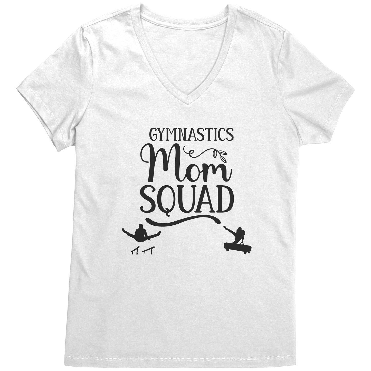 This white colored V-neck t-shirt Gymnastics Mom Squad Male Gymnast T-shirt. This t-shirt features a male gymnast on the parallel bars and one on pommel horse, along with the phrase Gymnastics Mom Squad.