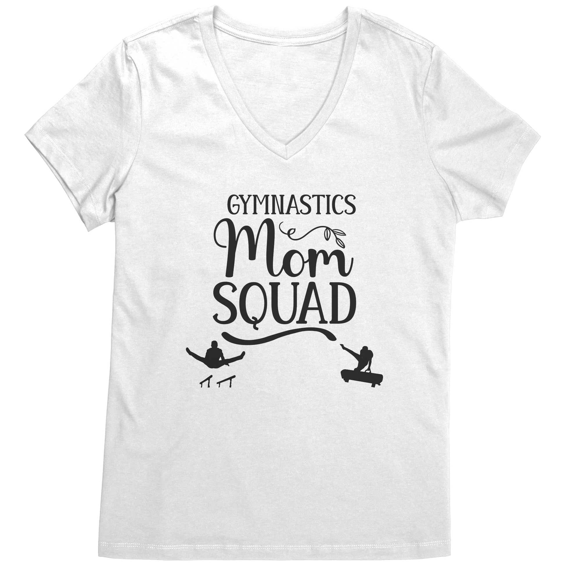 This white colored V-neck t-shirt Gymnastics Mom Squad Male Gymnast T-shirt. This t-shirt features a male gymnast on the parallel bars and one on pommel horse, along with the phrase Gymnastics Mom Squad.
