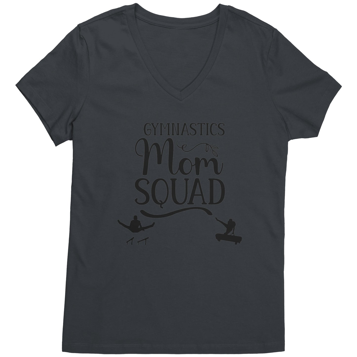 Charcoal olored V-neck t-shirt Gymnastics Mom Squad Male Gymnast T-shirt. This t-shirt features a male gymnast on the parallel bars and one on pommel horse, along with the phrase Gymnastics Mom Squad.