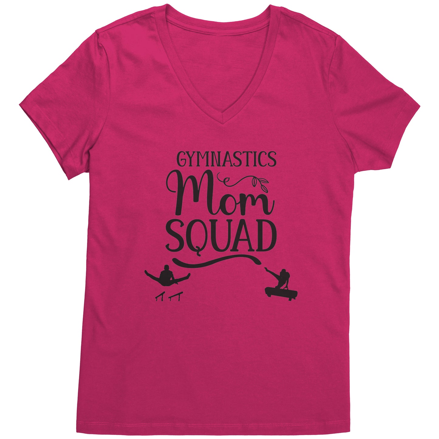 Fuchsia olored V-neck t-shirt Gymnastics Mom Squad Male Gymnast T-shirt. This t-shirt features a male gymnast on the parallel bars and one on pommel horse, along with the phrase Gymnastics Mom Squad.