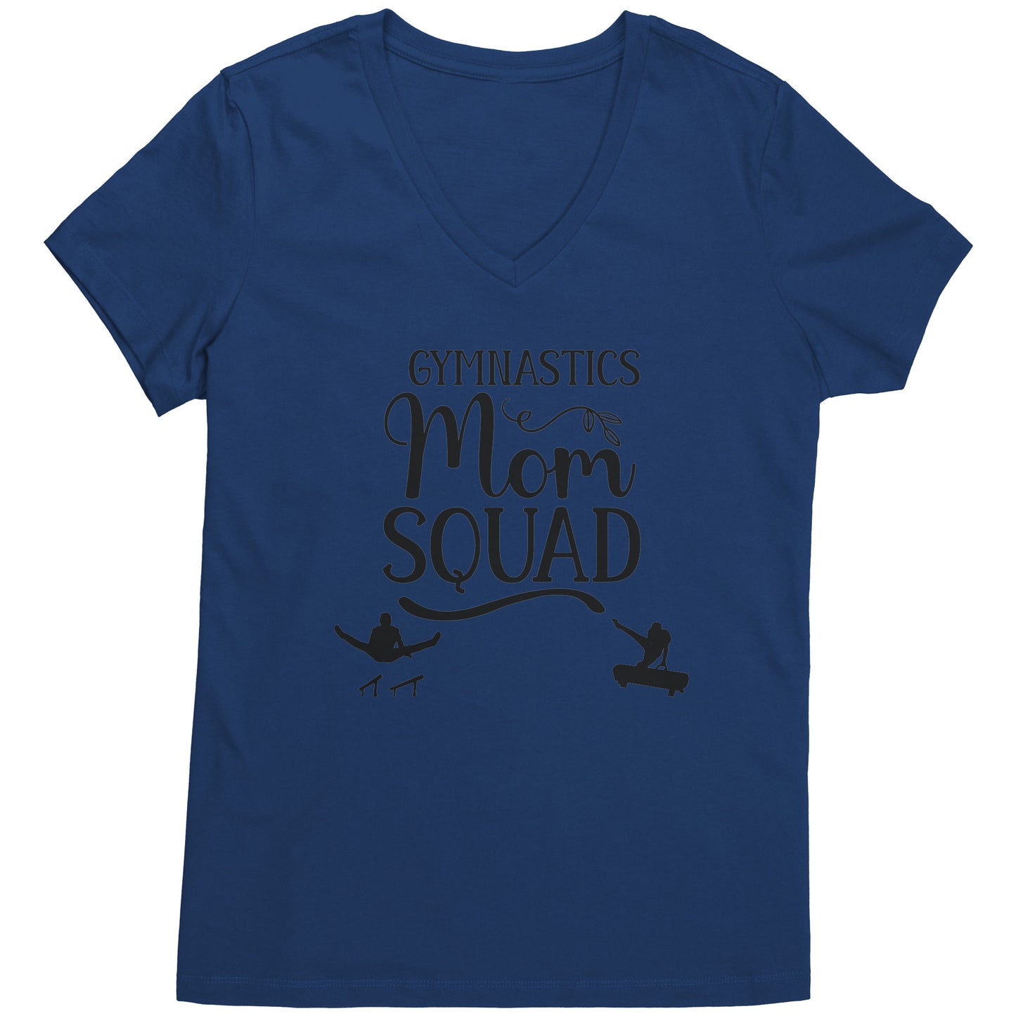 Navy colored V-neck t-shirt Gymnastics Mom Squad Male Gymnast T-shirt. This t-shirt features a male gymnast on the parallel bars and one on pommel horse, along with the phrase Gymnastics Mom Squad.