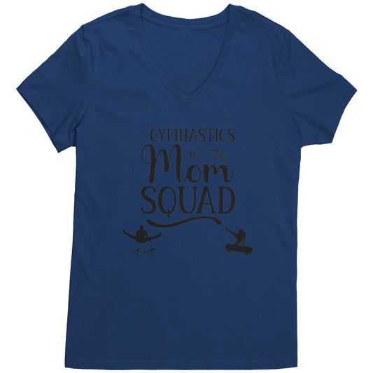 Navy colored V-neck t-shirt Gymnastics Mom Squad Male Gymnast T-shirt. This t-shirt features a male gymnast on the parallel bars and one on pommel horse, along with the phrase Gymnastics Mom Squad.