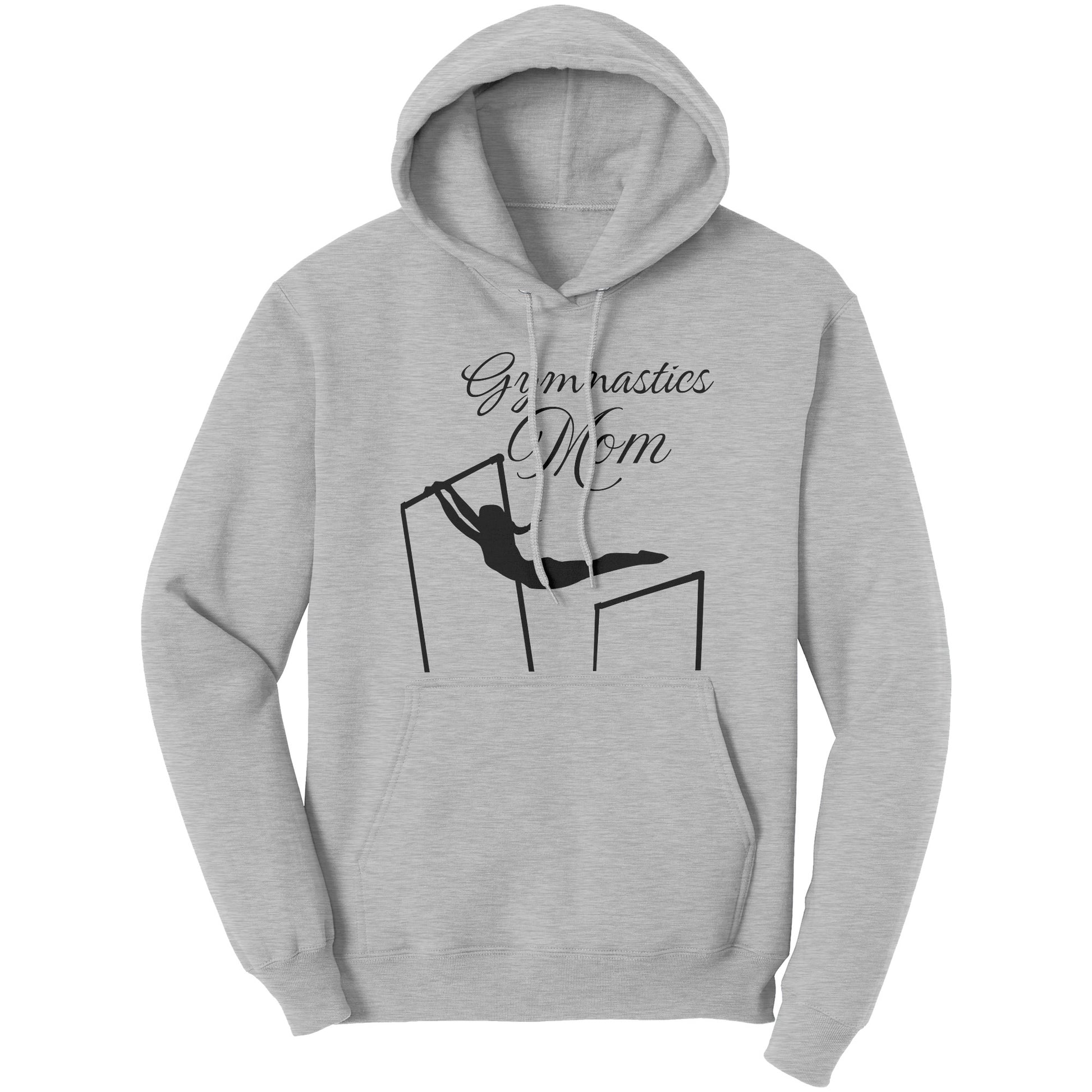 Sport Grey colored Gymnastics Mom Women's Hoodie. This hoodie says Gymnastics Mom with the image of a female gymnast on the uneven bards on the front.