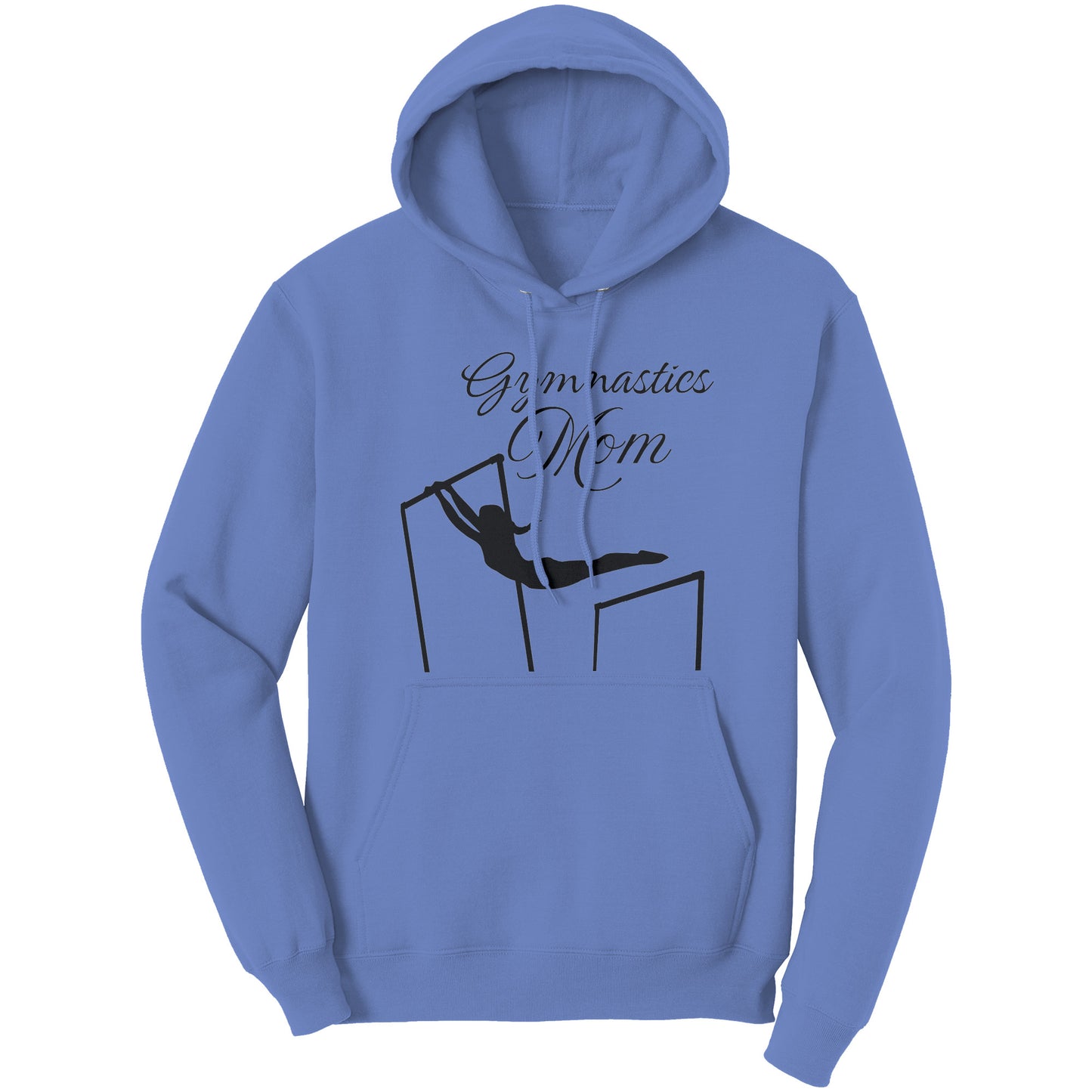 Carolina Blue colored Gymnastics Mom Women's Hoodie. This hoodie says Gymnastics Mom with the image of a female gymnast on the uneven bards on the front.