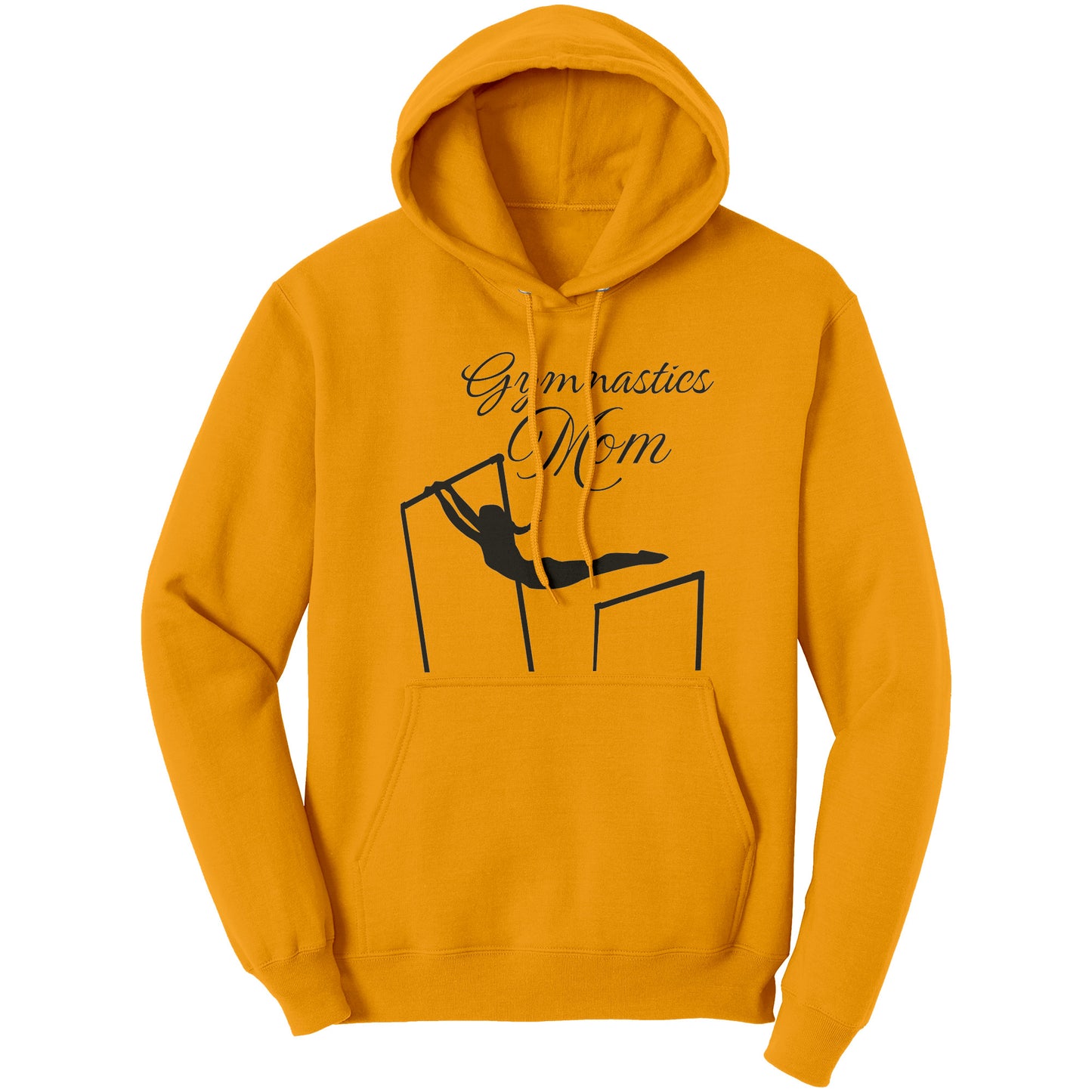 Gold colored Gymnastics Mom Women's Hoodie. This hoodie says Gymnastics Mom with the image of a female gymnast on the uneven bards on the front.