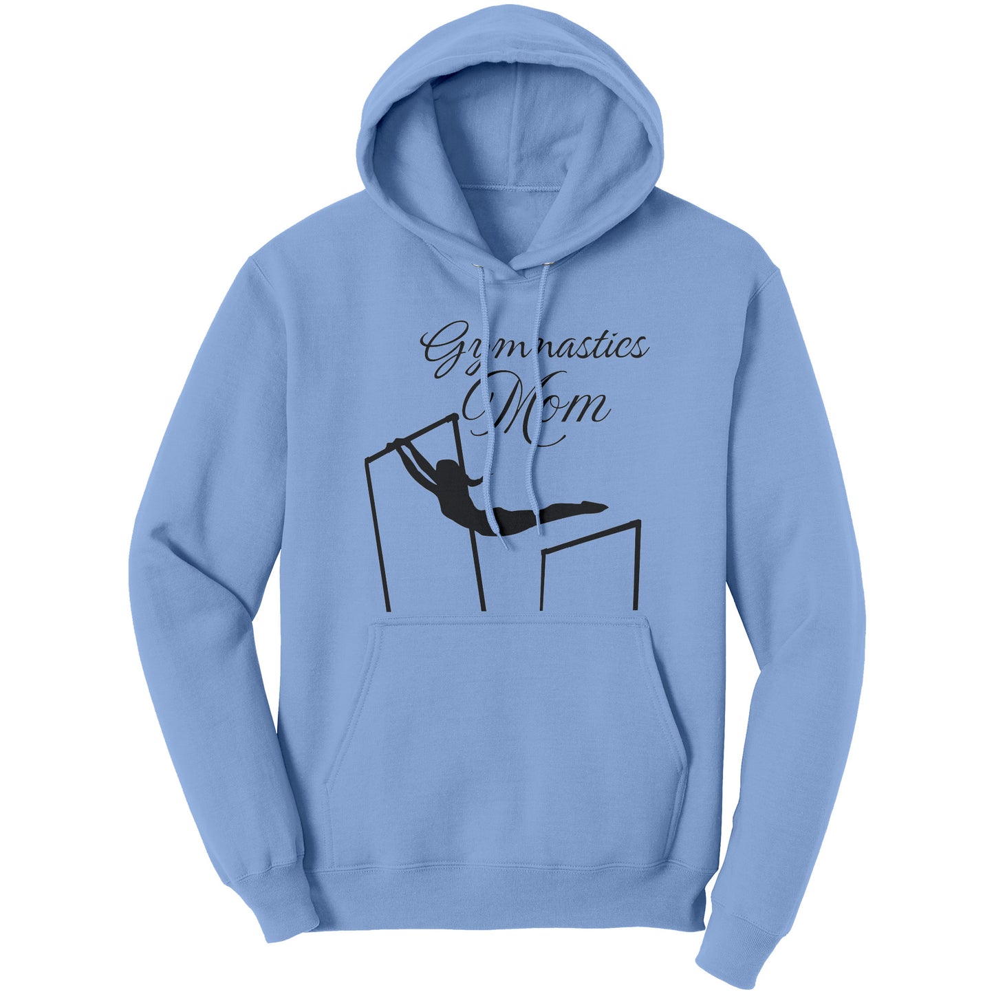 Light Blue colored Gymnastics Mom Women's Hoodie. This hoodie says Gymnastics Mom with the image of a female gymnast on the uneven bards on the front.