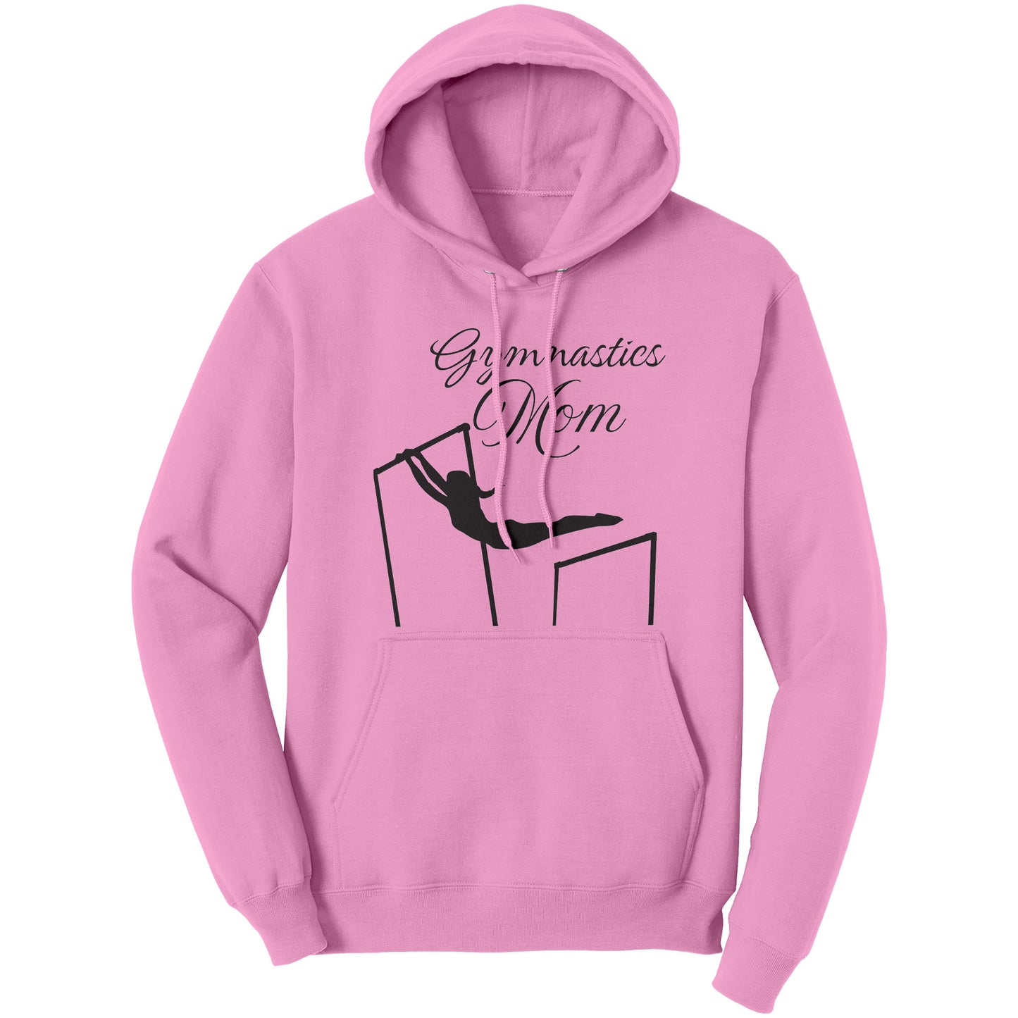 Light Pink colored Gymnastics Mom Women's Hoodie. This hoodie says Gymnastics Mom with the image of a female gymnast on the uneven bards on the front.