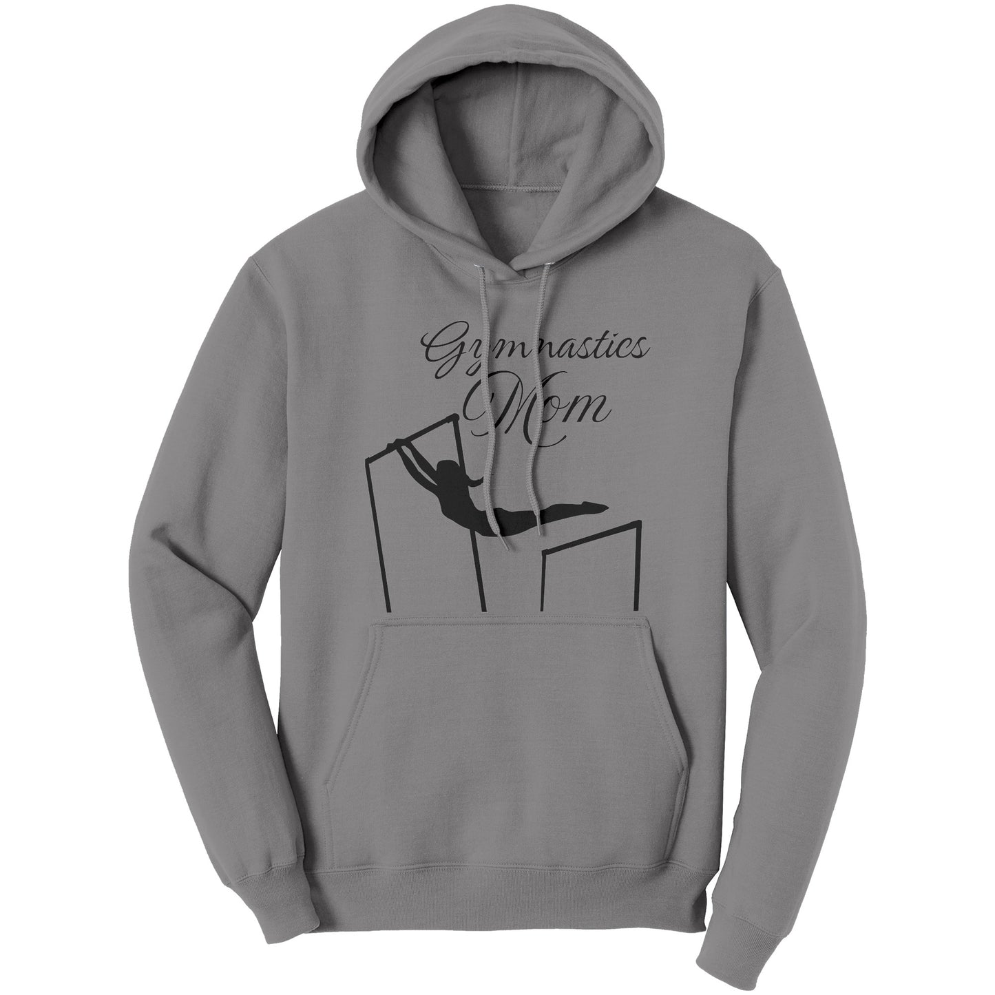 Grey colored Gymnastics Mom Women's Hoodie. This hoodie says Gymnastics Mom with the image of a female gymnast on the uneven bards on the front.