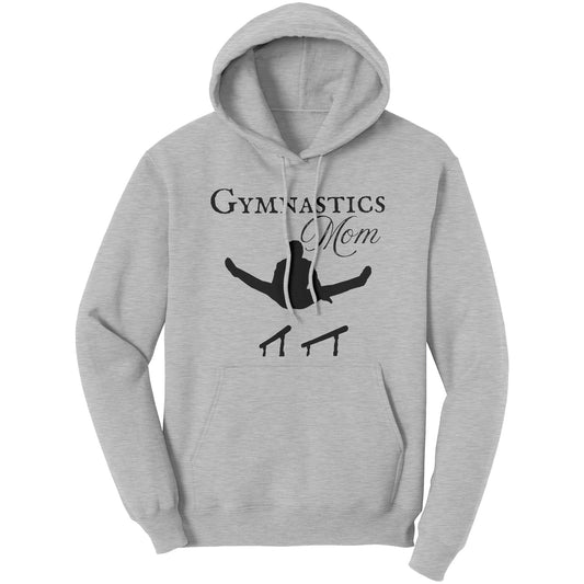 This Gymnastics Mom Women's Hoodie, Parallel Bars Design says Gymnastics Mom and features the silhouette of male gymnast on the parallel bars. This hoodie is light grey with matching pocket and string.