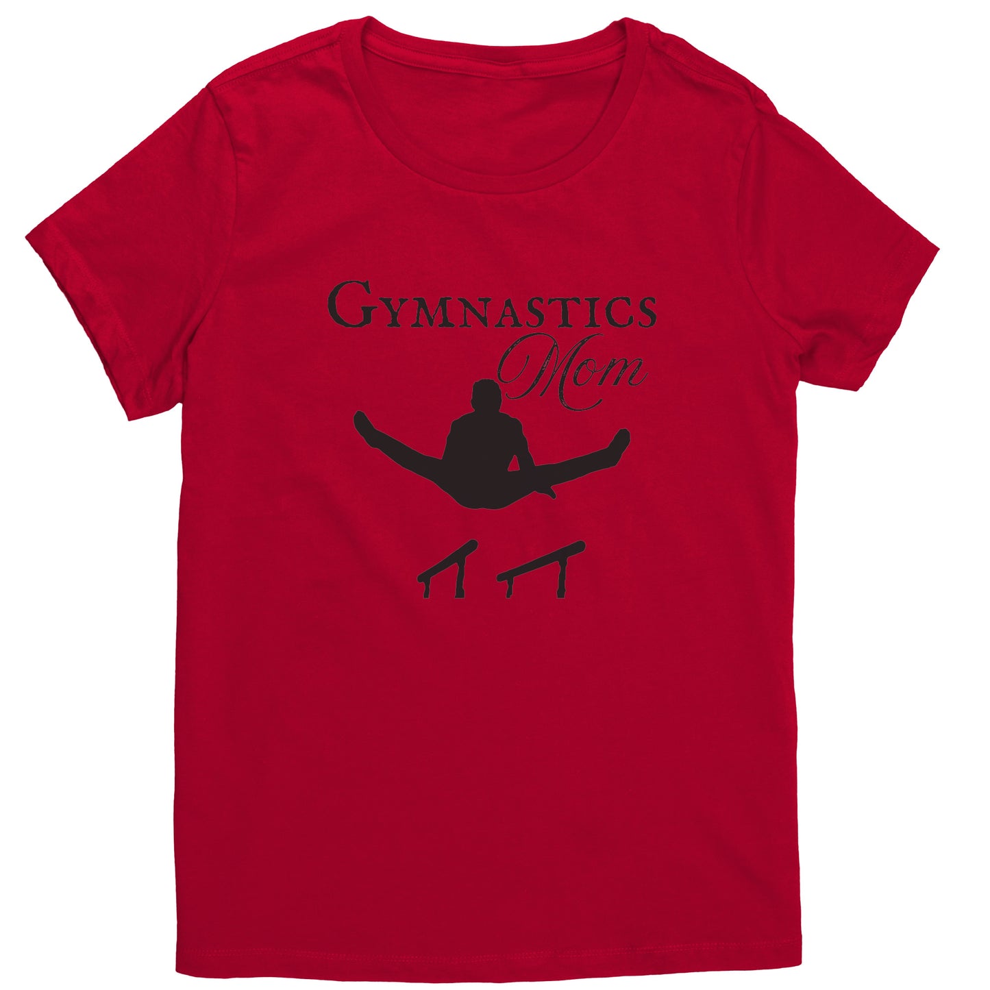 Classic Red Colored Gymnastics Mom Women's T-Shirt, Parallel Bars Design says Gymnastics Mom and features the silhouette of male gymnast on the parallel bars.