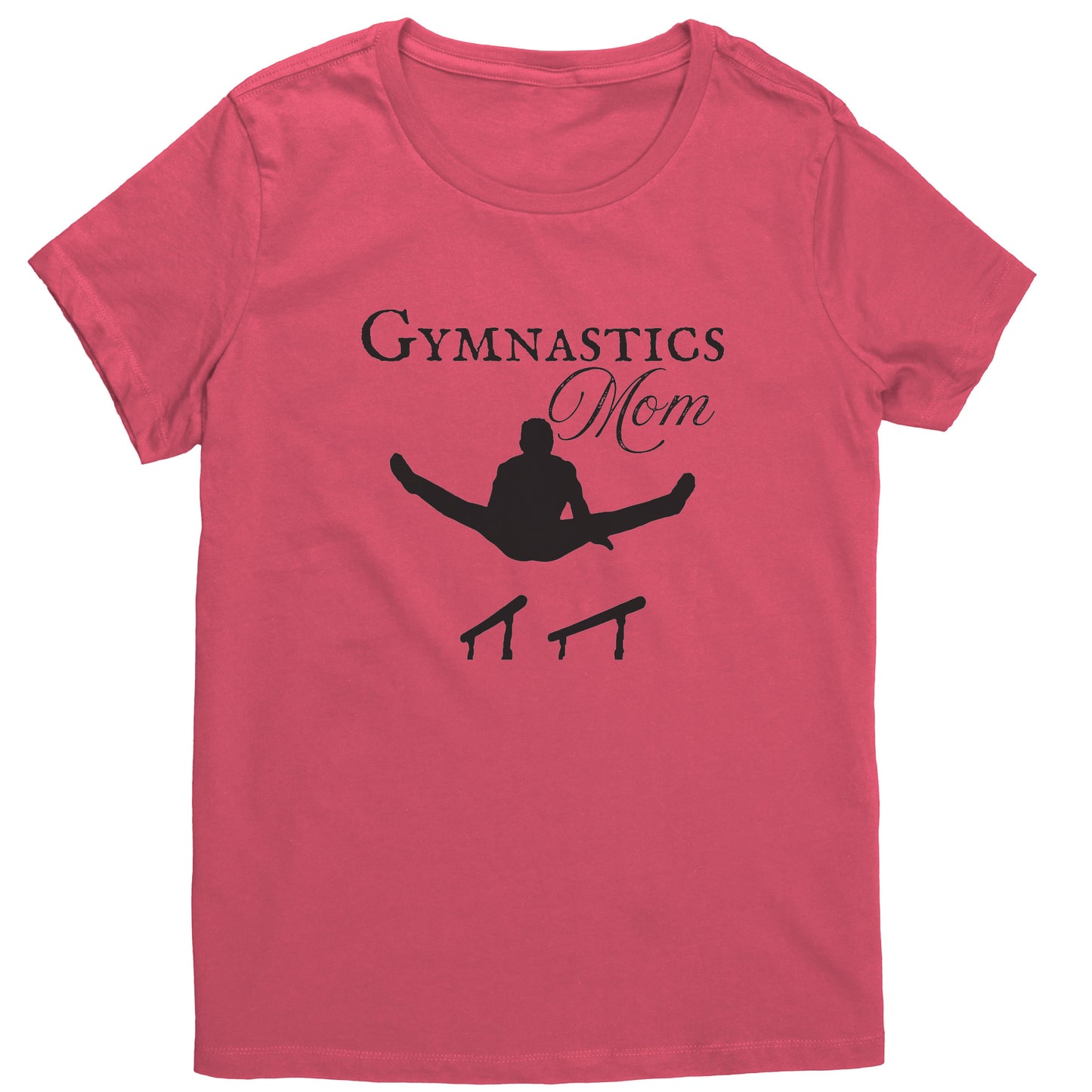 Coral Colored Gymnastics Mom Women's T-Shirt, Parallel Bars Design says Gymnastics Mom and features the silhouette of male gymnast on the parallel bars. 