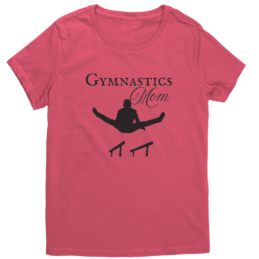Coral Colored Gymnastics Mom Women's T-Shirt, Parallel Bars Design says Gymnastics Mom and features the silhouette of male gymnast on the parallel bars. 