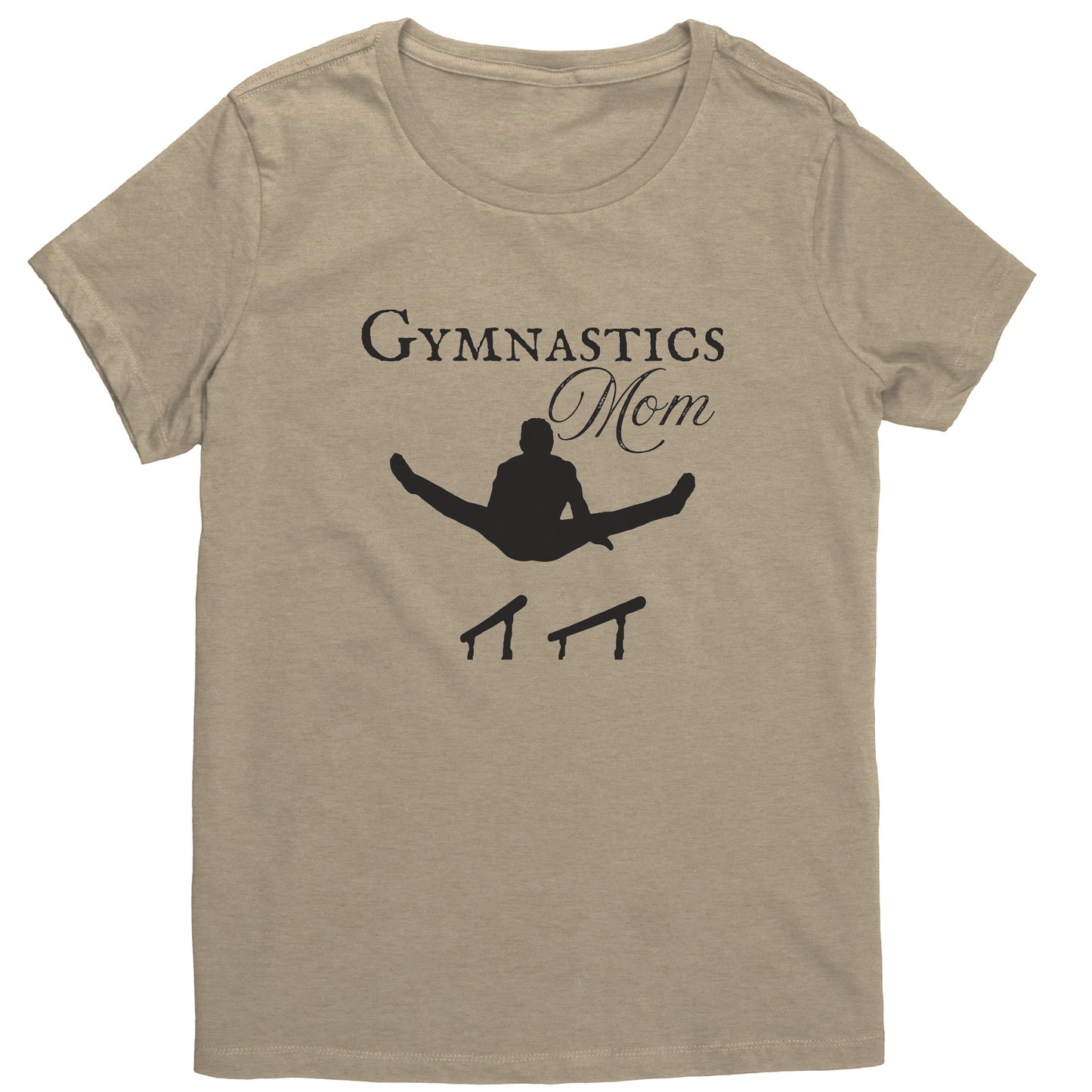 Heathered Latte Colored Gymnastics Mom Women's T-Shirt, Parallel Bars Design says Gymnastics Mom and features the silhouette of male gymnast on the parallel bars.