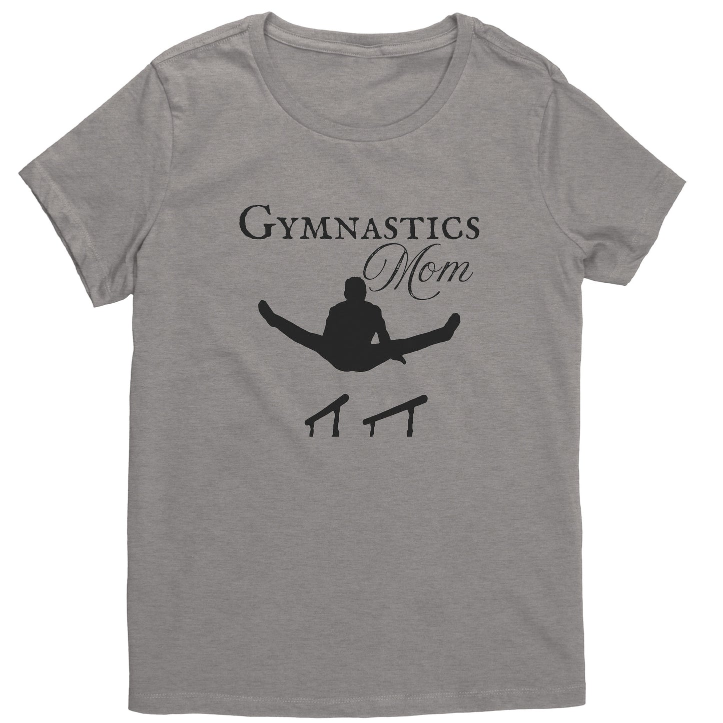 Silver Colored Gymnastics Mom Women's T-Shirt, Parallel Bars Design says Gymnastics Mom and features the silhouette of male gymnast on the parallel bars.