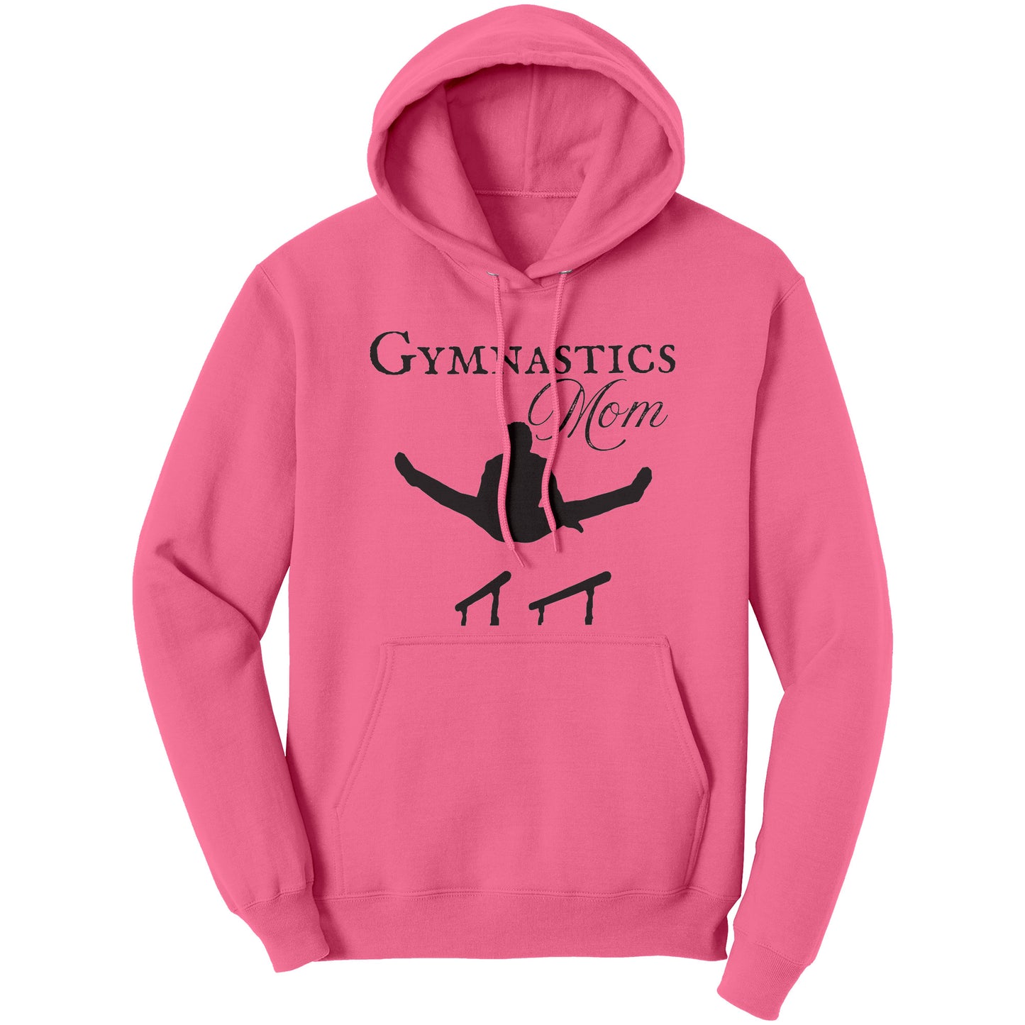 This Gymnastics Mom Women's Hoodie, Parallel Bars Design says Gymnastics Mom and features the silhouette of male gymnast on the parallel bars. This hoodie is neon pink with matching pocket and string.