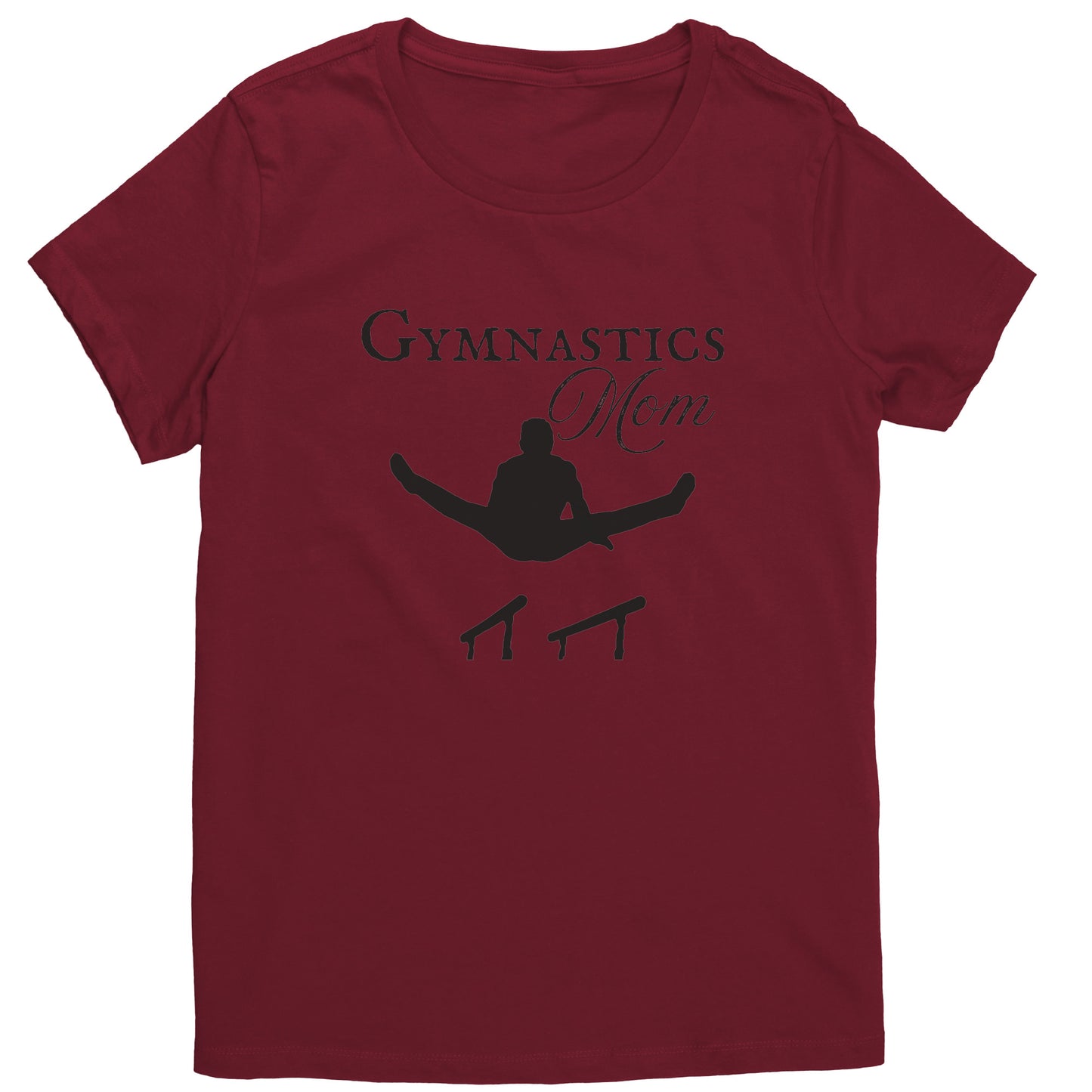 Sangria Colored Gymnastics Mom Women's T-Shirt, Parallel Bars Design says Gymnastics Mom and features the silhouette of male gymnast on the parallel bars.