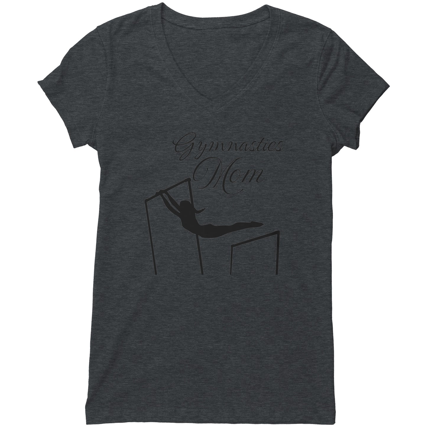 Charcoal colored Gymnastics Mom Women's T-Shirt. This t-shirt says Gymnastics Mom with the image of a female gymnast on the uneven bards on the front.