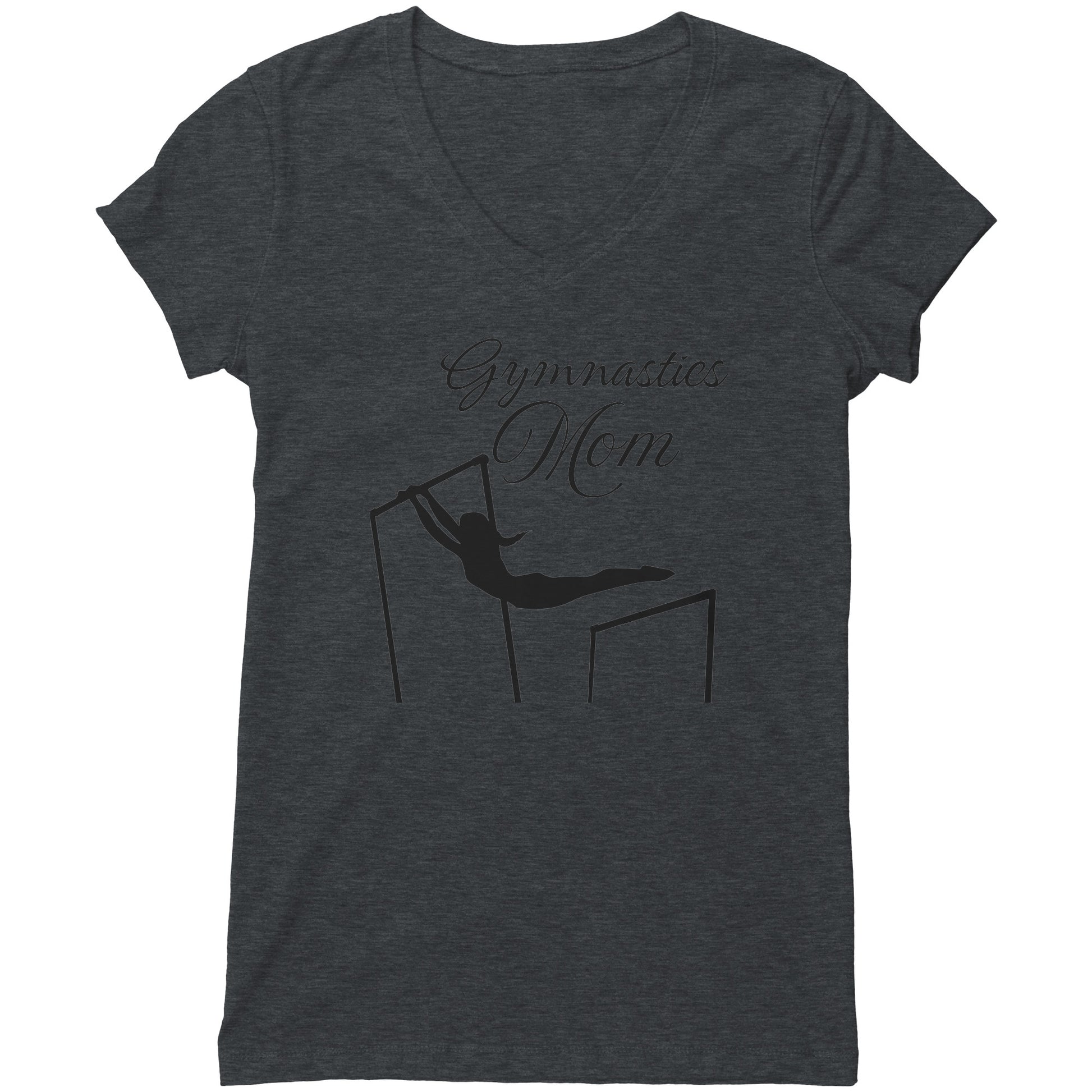Charcoal colored Gymnastics Mom Women's T-Shirt. This t-shirt says Gymnastics Mom with the image of a female gymnast on the uneven bards on the front.
