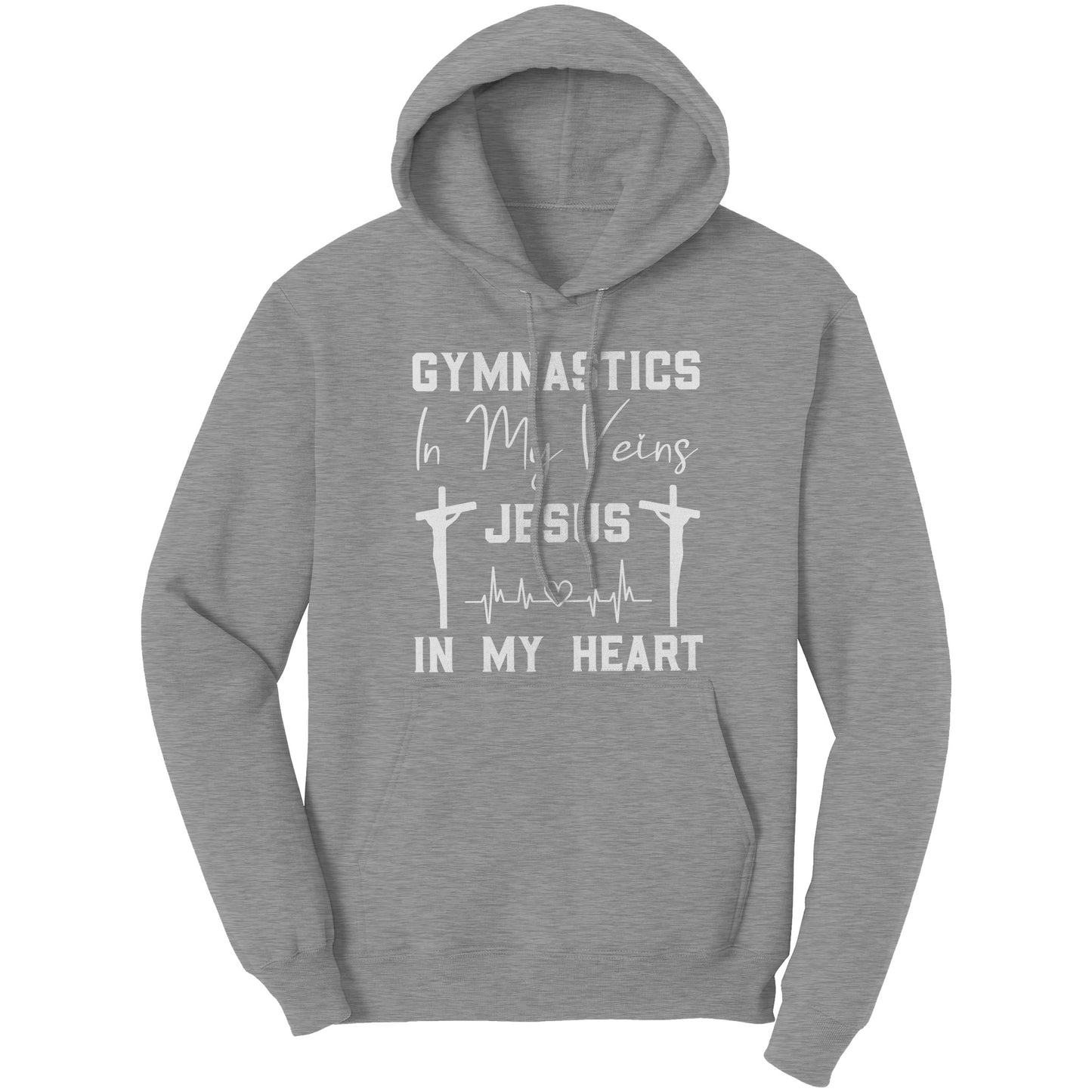 Athletic Heather women's hoodie that says "Gymnastics in My Veins, Jesus in My Heart" in elegant white lettering, adorned with two crosses and a heartbeat pattern