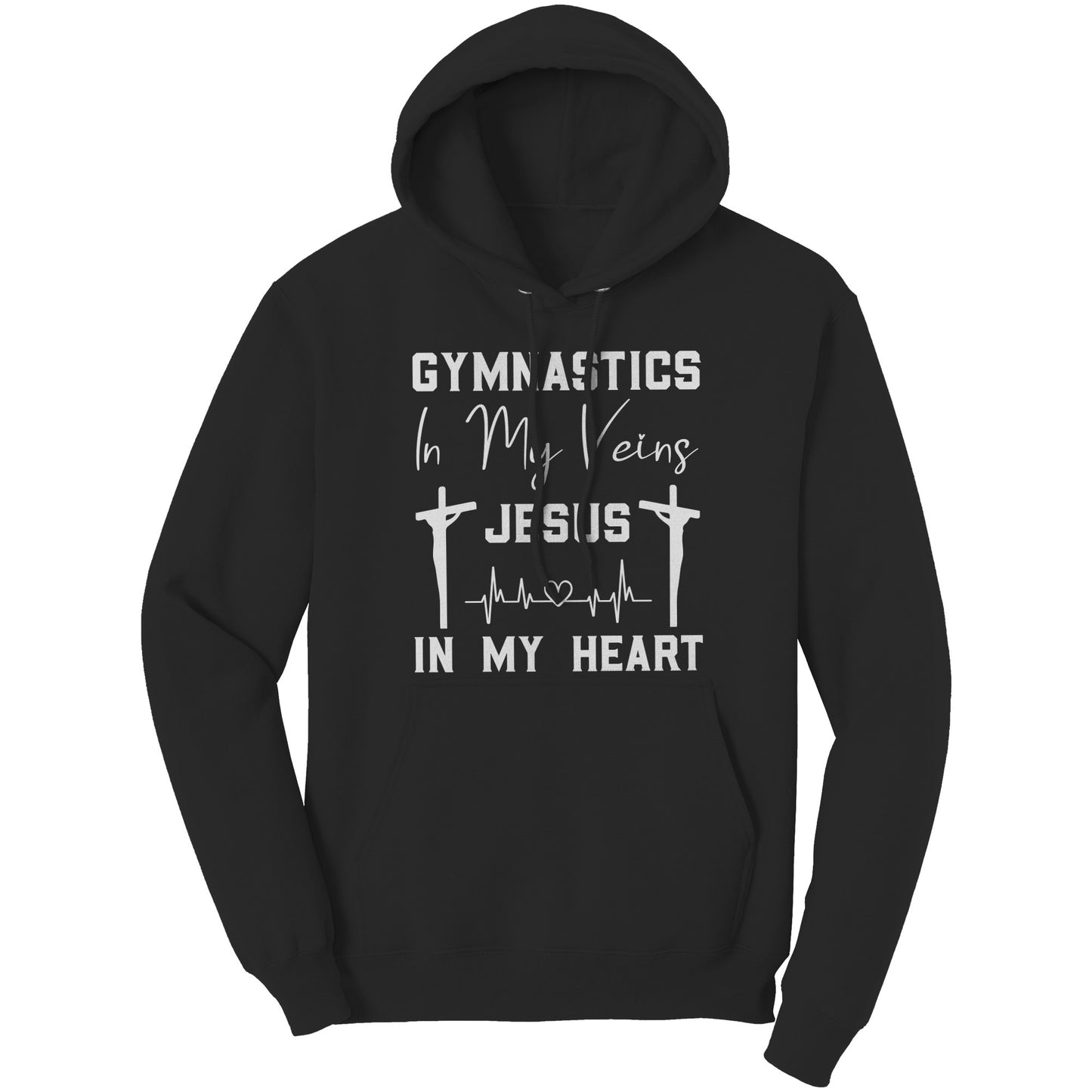 Black women's hoodie that says "Gymnastics in My Veins, Jesus in My Heart" in elegant white lettering, adorned with two crosses and a heartbeat pattern