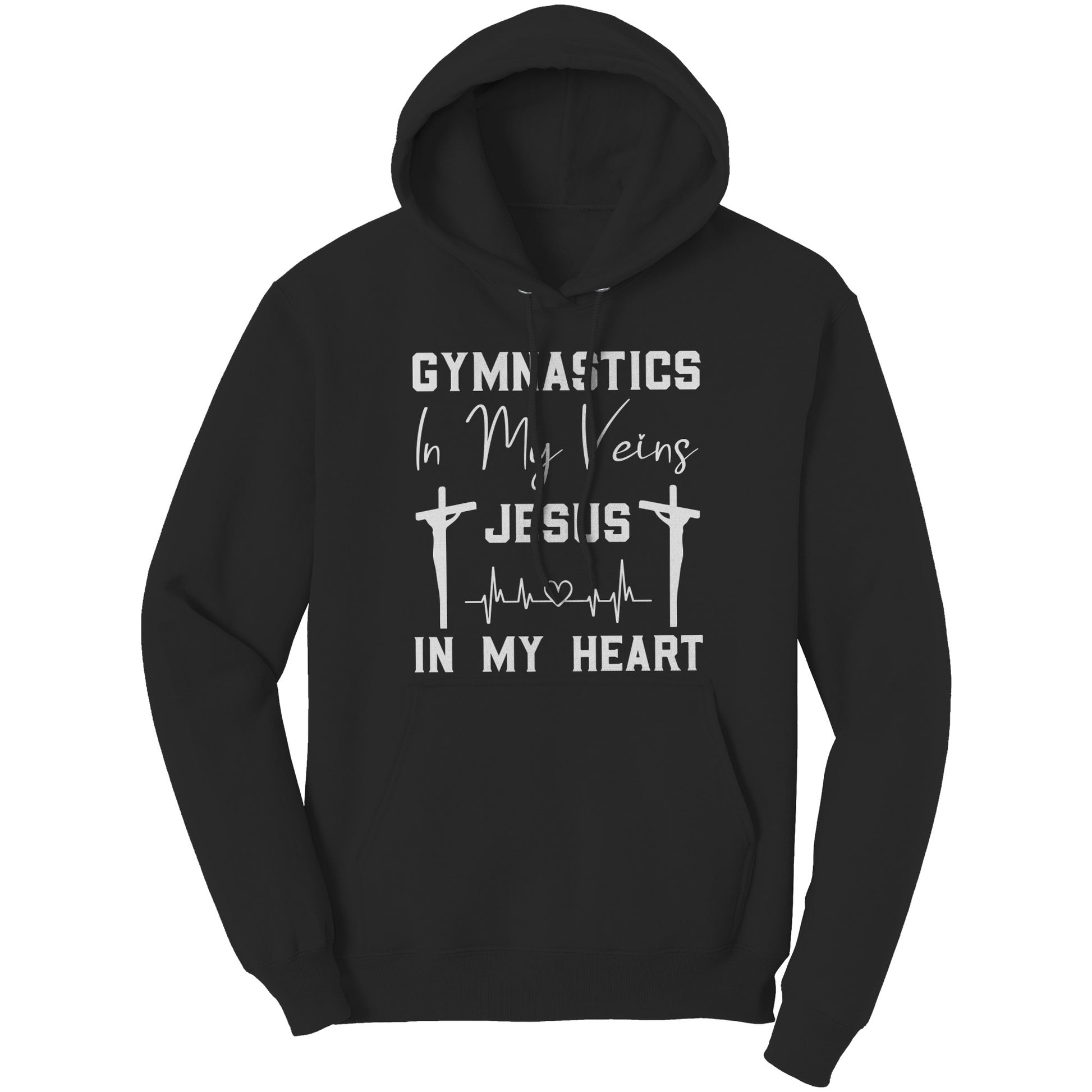 Black women's hoodie that says "Gymnastics in My Veins, Jesus in My Heart" in elegant white lettering, adorned with two crosses and a heartbeat pattern