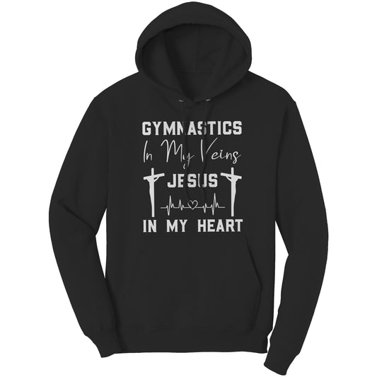 Black women's hoodie that says "Gymnastics in My Veins, Jesus in My Heart" in elegant white lettering, adorned with two crosses and a heartbeat pattern