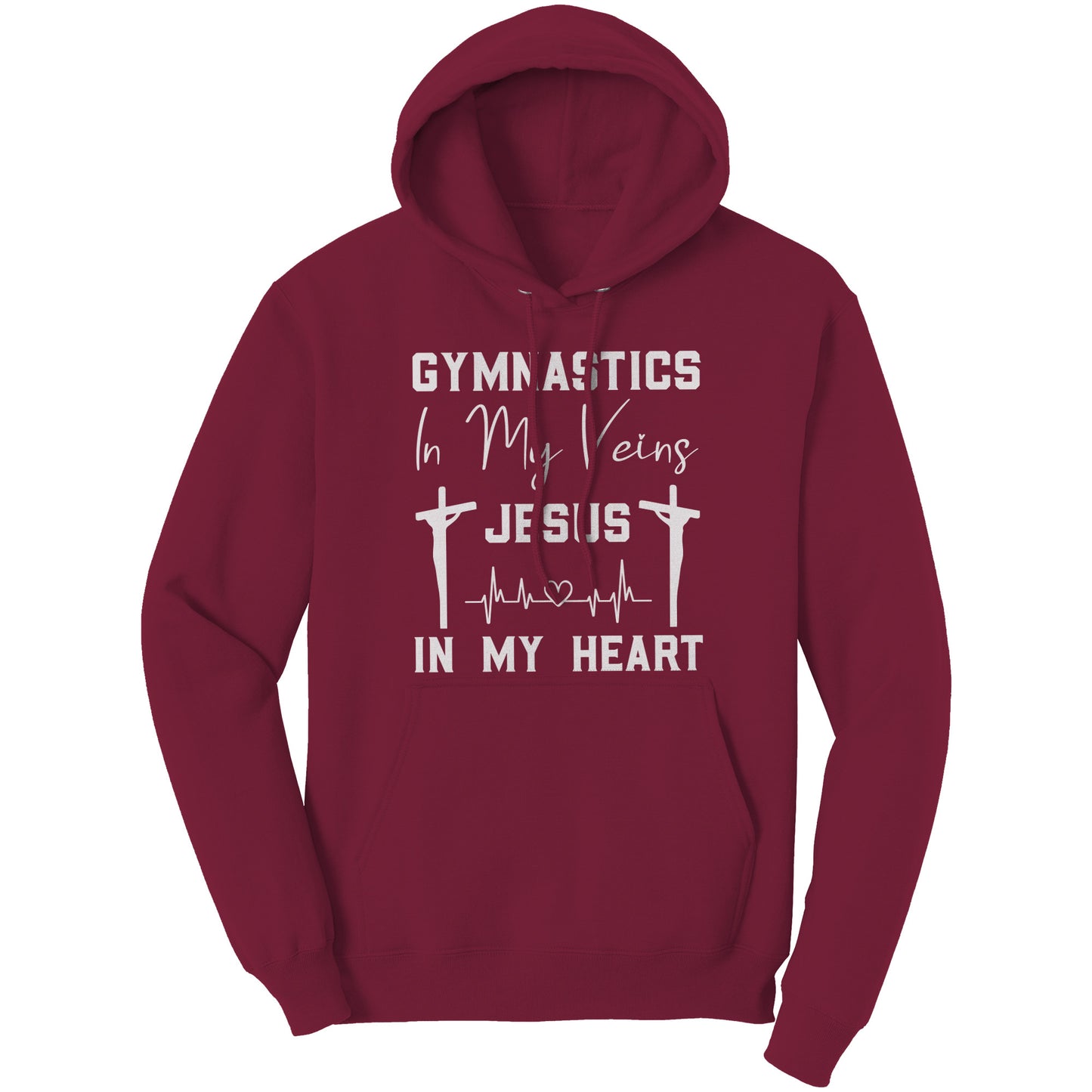 Cardinal Red women's hoodie that says "Gymnastics in My Veins, Jesus in My Heart" in elegant white lettering, adorned with two crosses and a heartbeat pattern