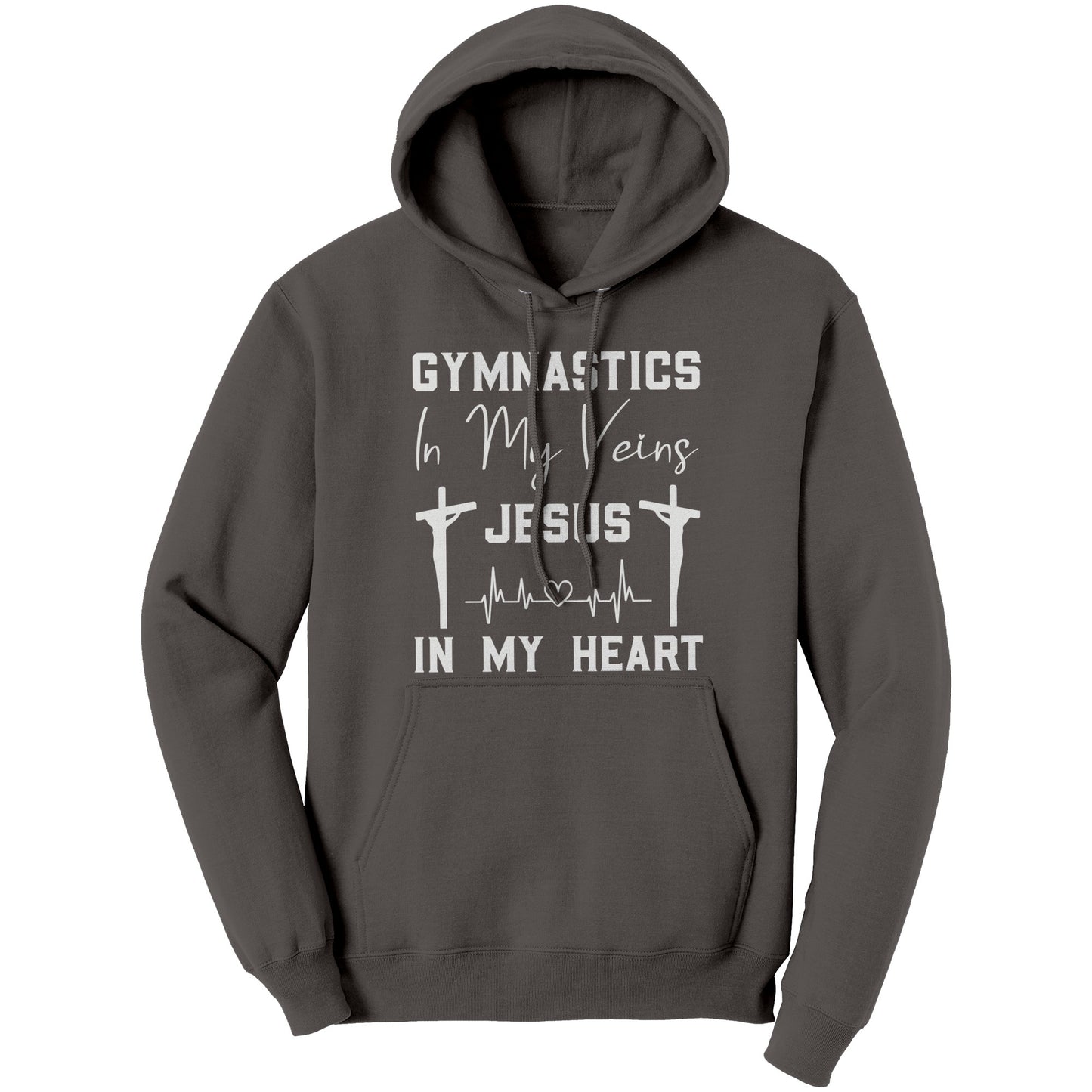 Charcoal women's hoodie that says "Gymnastics in My Veins, Jesus in My Heart" in elegant white lettering, adorned with two crosses and a heartbeat pattern