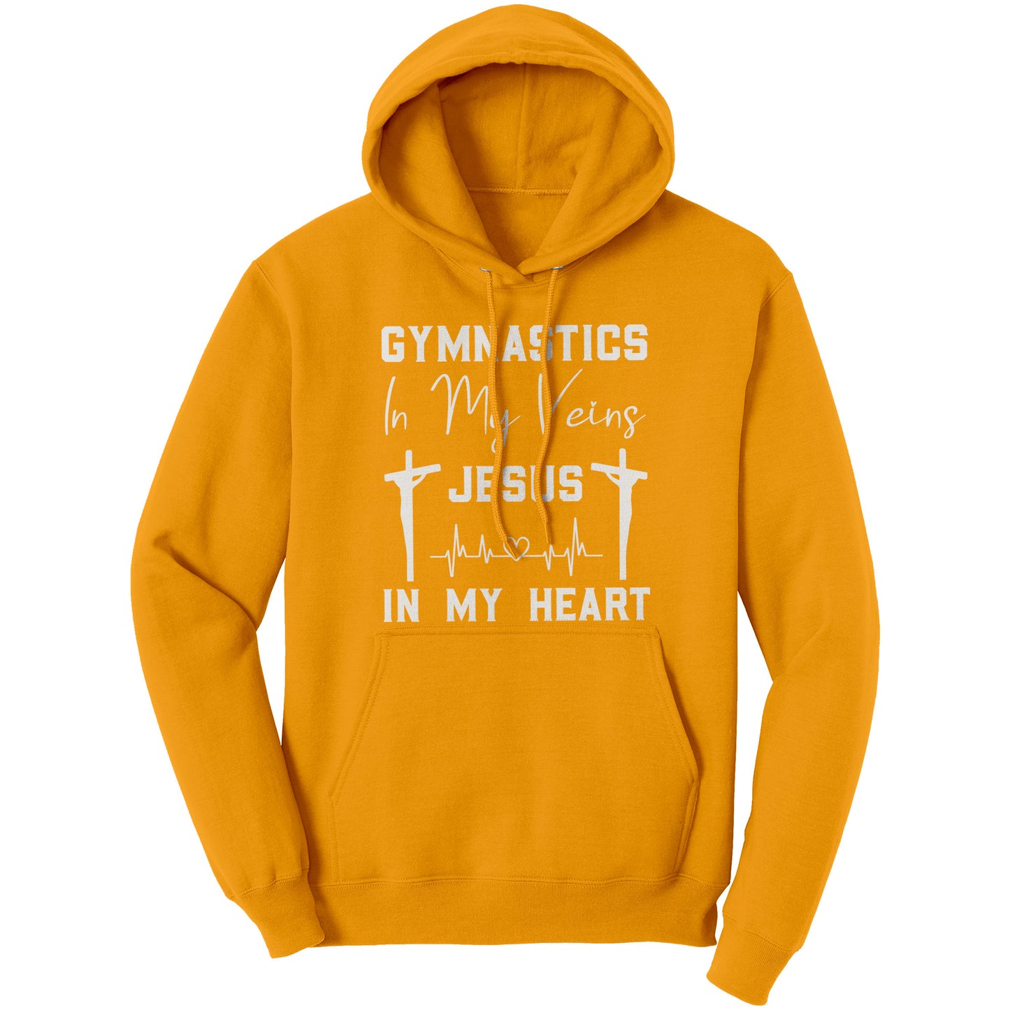 Gold women's hoodie that says "Gymnastics in My Veins, Jesus in My Heart" in elegant white lettering, adorned with two crosses and a heartbeat pattern