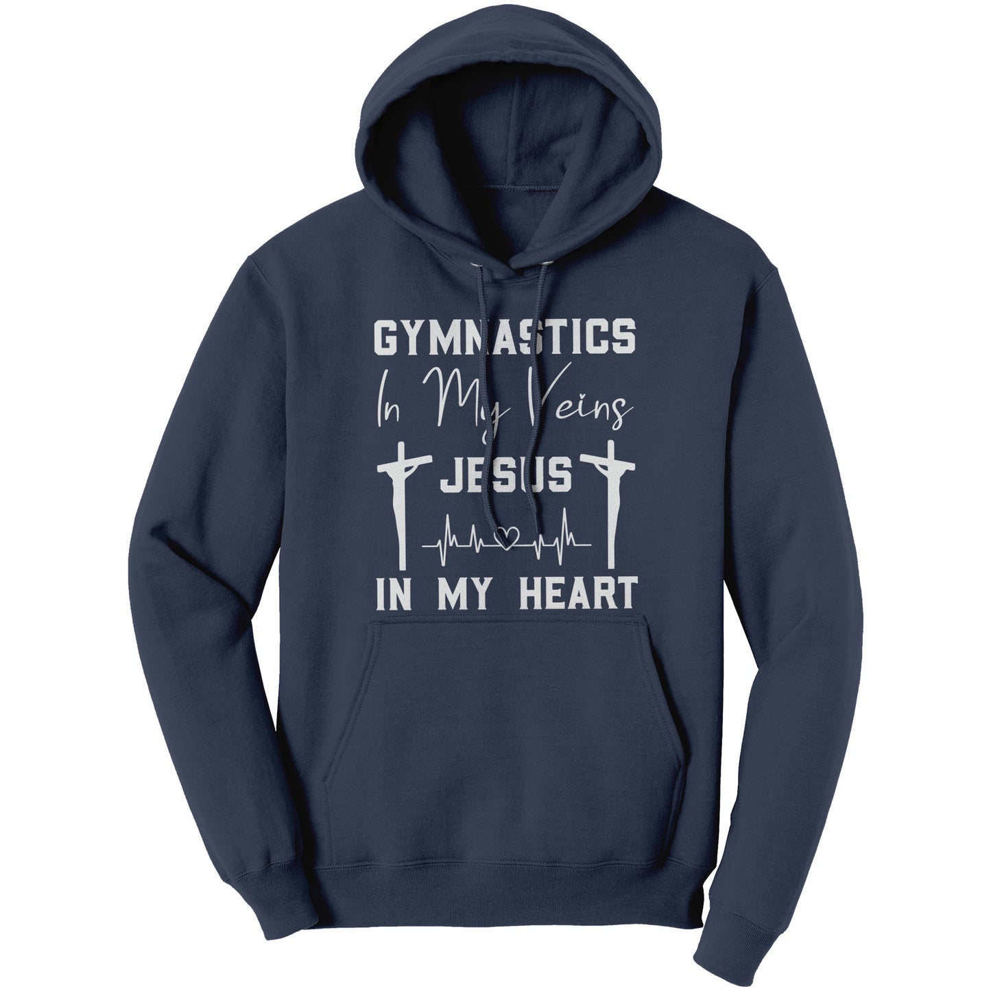 Navy women's hoodie that says "Gymnastics in My Veins, Jesus in My Heart" in elegant white lettering, adorned with two crosses and a heartbeat pattern