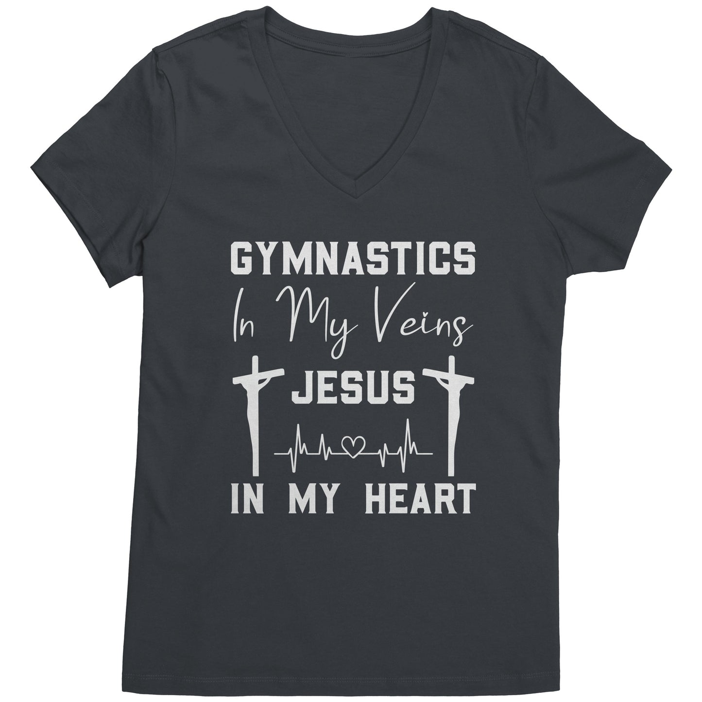 Charcoal women's t-shirt that says "Gymnastics in My Veins, Jesus in My Heart" in elegant white lettering, adorned with two crosses and a heartbeat pattern