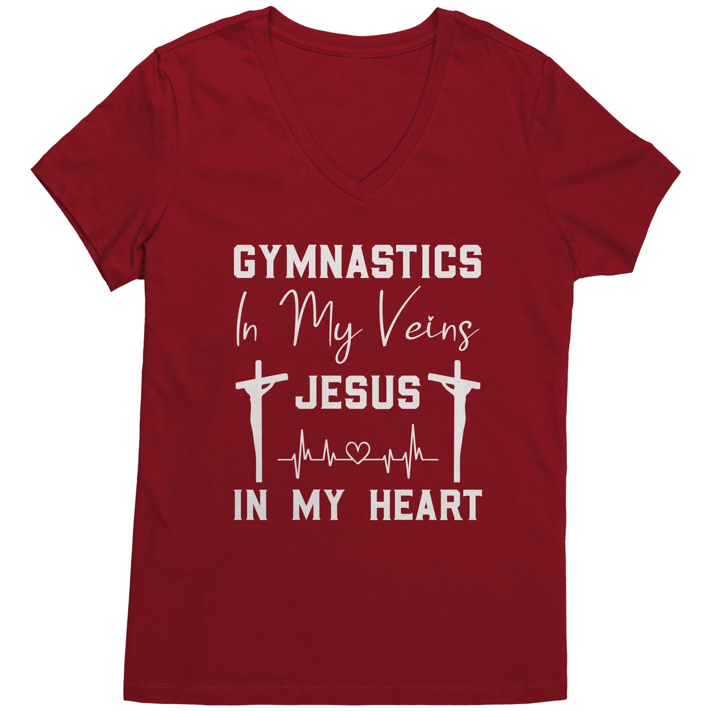Cardinal Red women's t-shirt that says "Gymnastics in My Veins, Jesus in My Heart" in elegant white lettering, adorned with two crosses and a heartbeat pattern