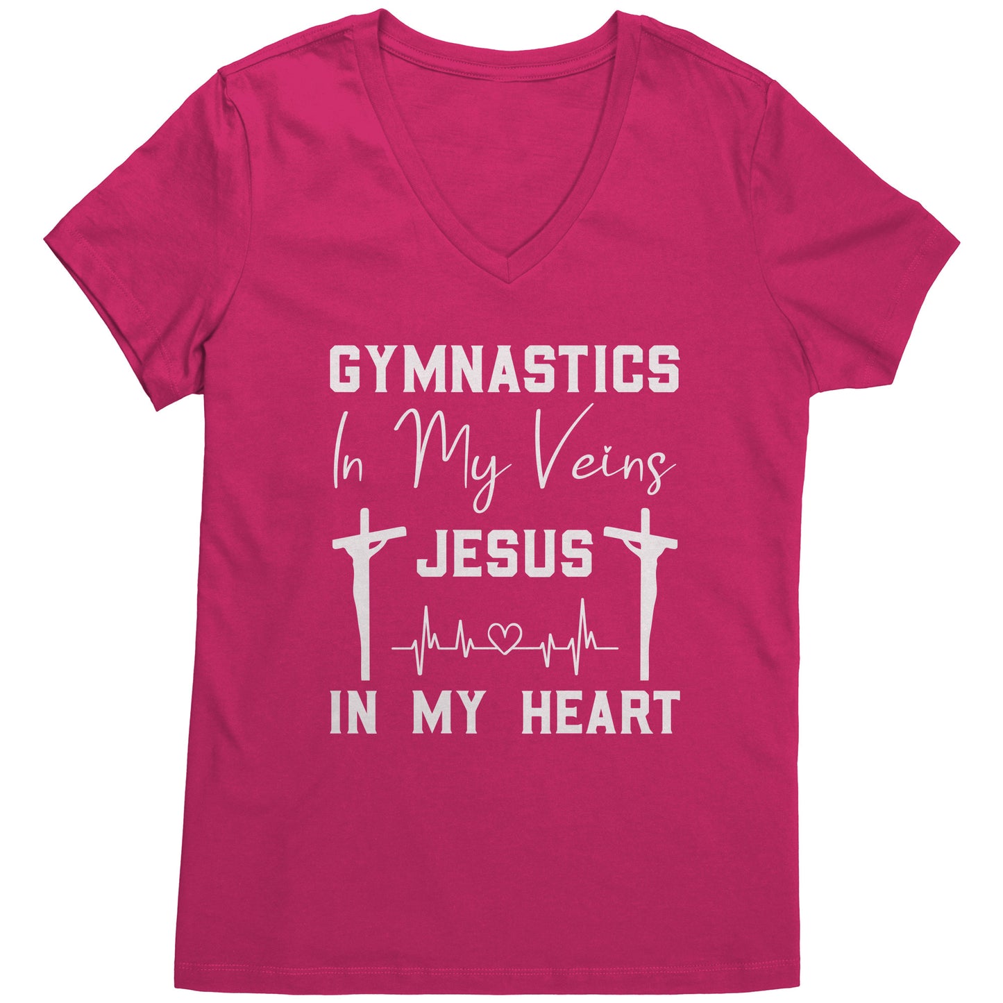 Fuchsia women's t-shirt that says "Gymnastics in My Veins, Jesus in My Heart" in elegant white lettering, adorned with two crosses and a heartbeat pattern