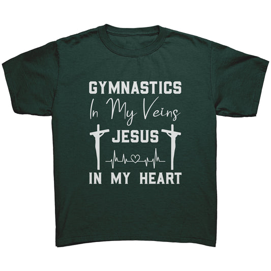 Dark Green children's t-shirt says "Gymnastics in My Veins, Jesus in My Heart" in elegant white lettering, adorned with two crosses and a heartbeat pattern