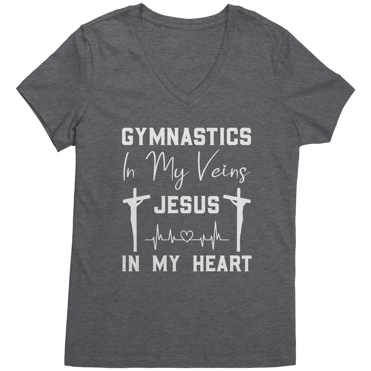 Medium Grey women's t-shirt that says "Gymnastics in My Veins, Jesus in My Heart" in elegant white lettering, adorned with two crosses and a heartbeat pattern