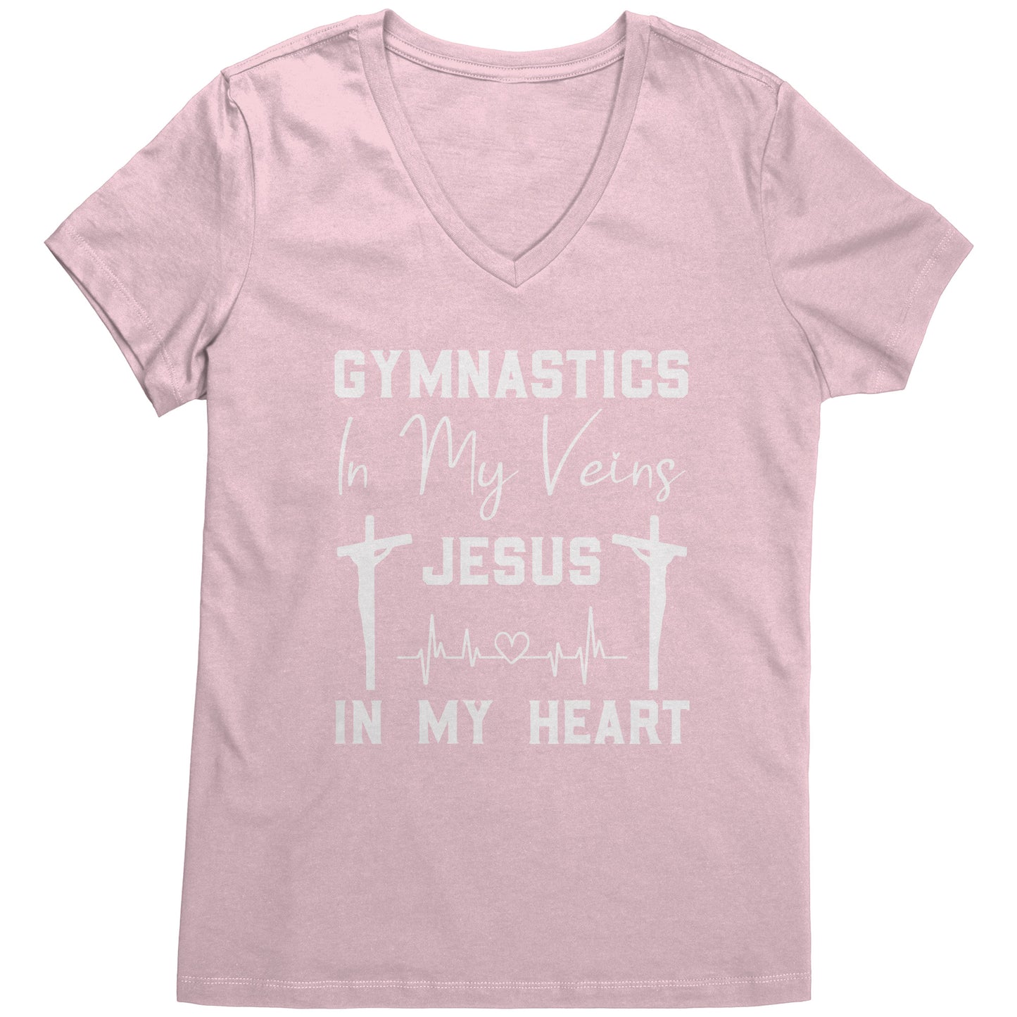 Light Pink women's t-shirt that says "Gymnastics in My Veins, Jesus in My Heart" in elegant white lettering, adorned with two crosses and a heartbeat pattern