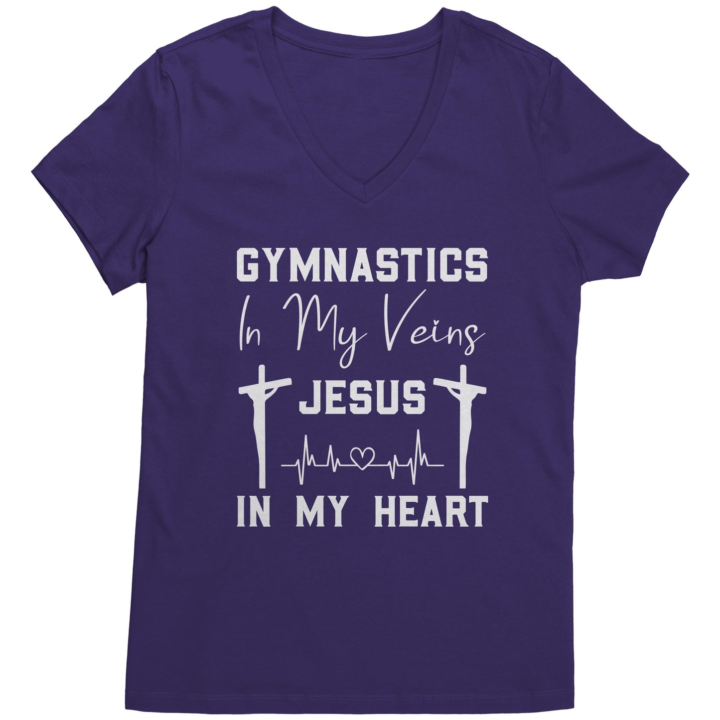Purple women's t-shirt that says "Gymnastics in My Veins, Jesus in My Heart" in elegant white lettering, adorned with two crosses and a heartbeat pattern