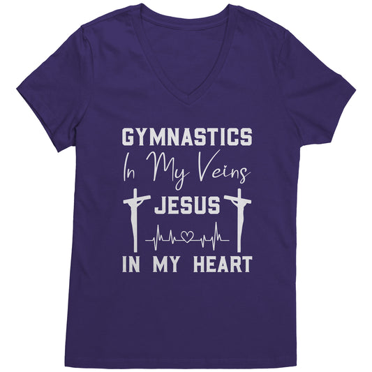 Purple women's t-shirt that says "Gymnastics in My Veins, Jesus in My Heart" in elegant white lettering, adorned with two crosses and a heartbeat pattern