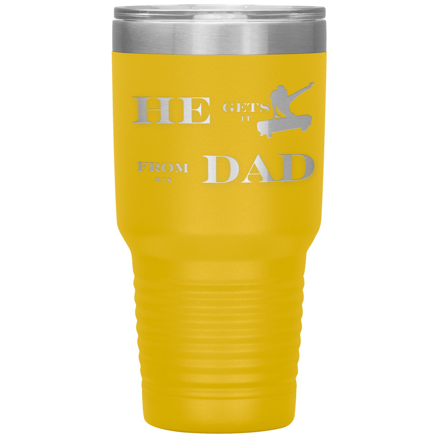 He_Gets_It_From_His_Dad_Mens_Gymnastics_30oz_Tumbler_Yellow_Mockup.png