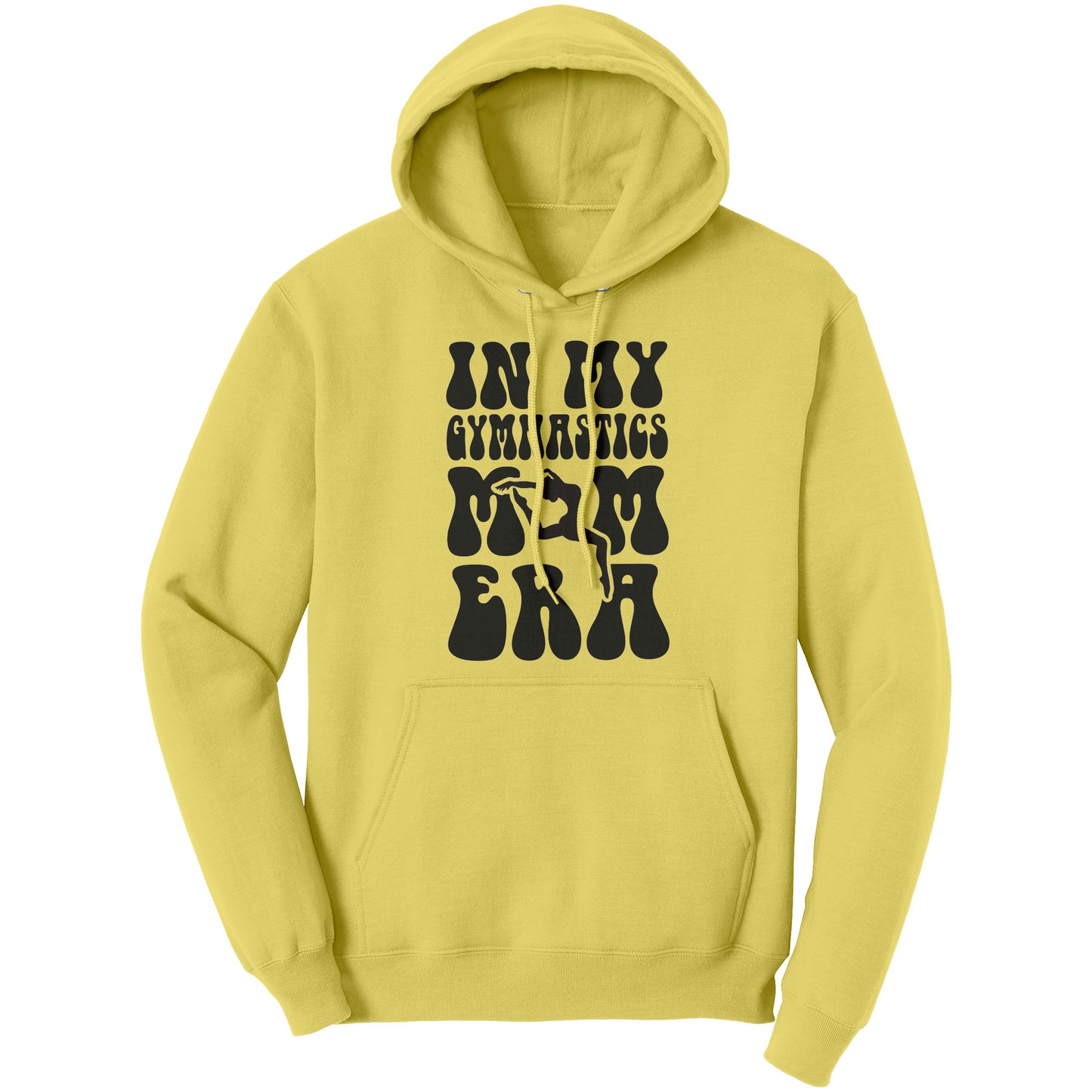 Yellow  In My Gymnastics Mom Era Women's Hoodie with black bubble font 