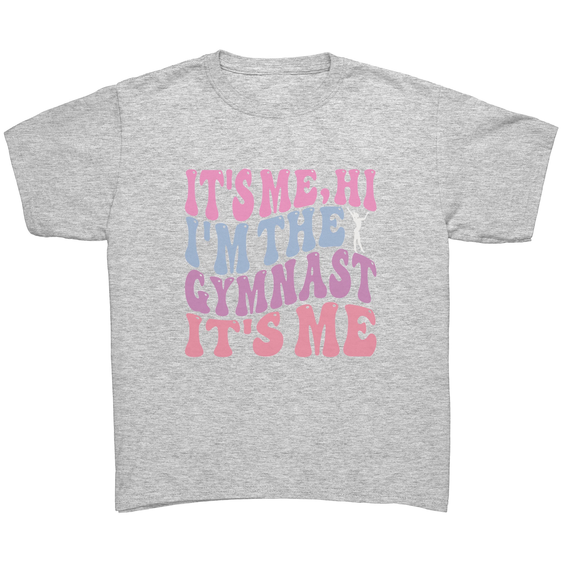 Ash colored children's t-shirt that features the catchy phrase "It's Me, Hi, I'm the Gymnast, It's Me" in a vibrant bubble font on the front, complemented by an elegant image of a gymnast striking a graceful pose.