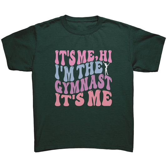 Forest Green colored children's t-shirt that features the catchy phrase "It's Me, Hi, I'm the Gymnast, It's Me" in a vibrant bubble font on the front, complemented by an elegant image of a gymnast striking a graceful pose.