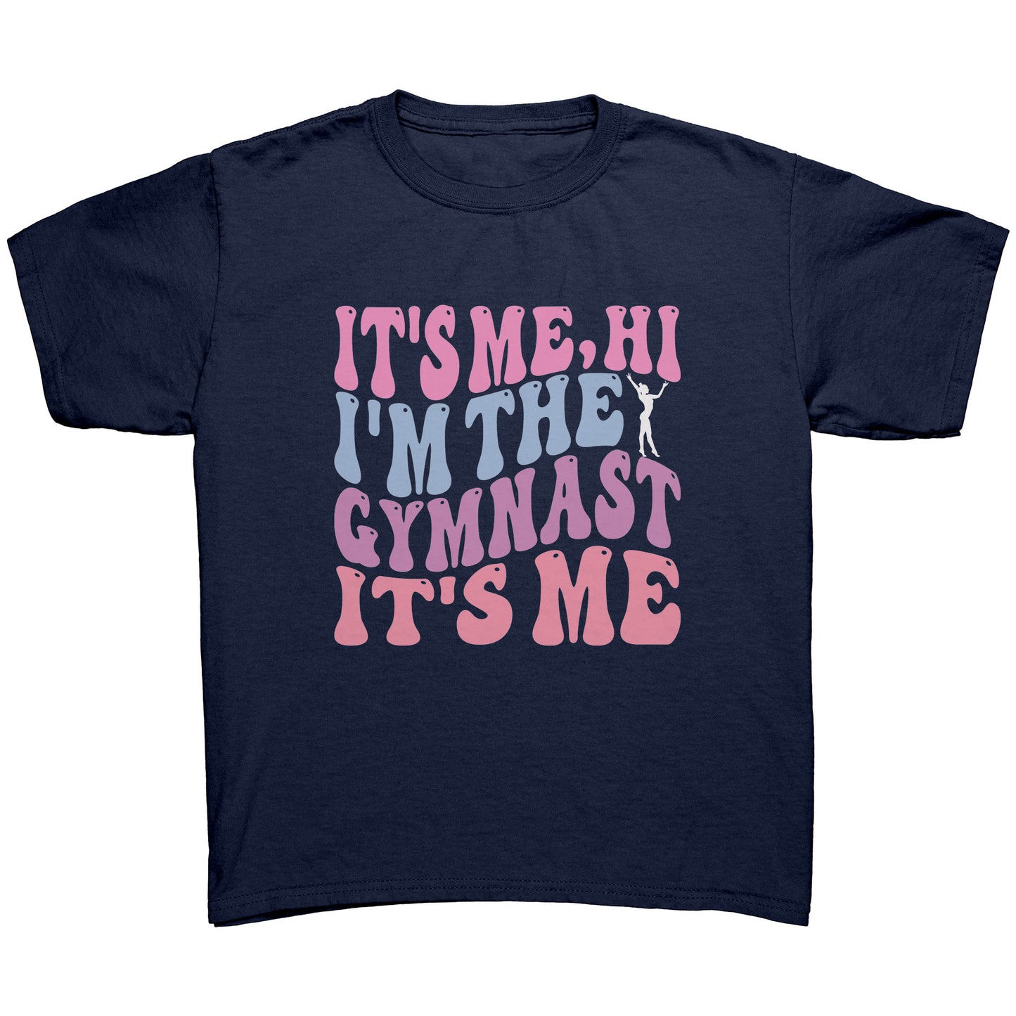 Navy colored children's t-shirt that features the catchy phrase "It's Me, Hi, I'm the Gymnast, It's Me" in a vibrant bubble font on the front, complemented by an elegant image of a gymnast striking a graceful pose.